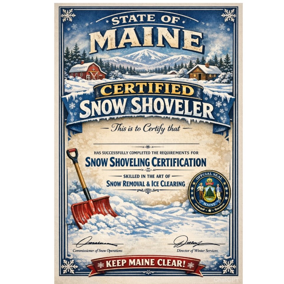 Free snow shoveling class today at my driveway. Sign up now, before class is full. Successful completion of the class will result in your earning the designation of certified Maine snow shoveler.