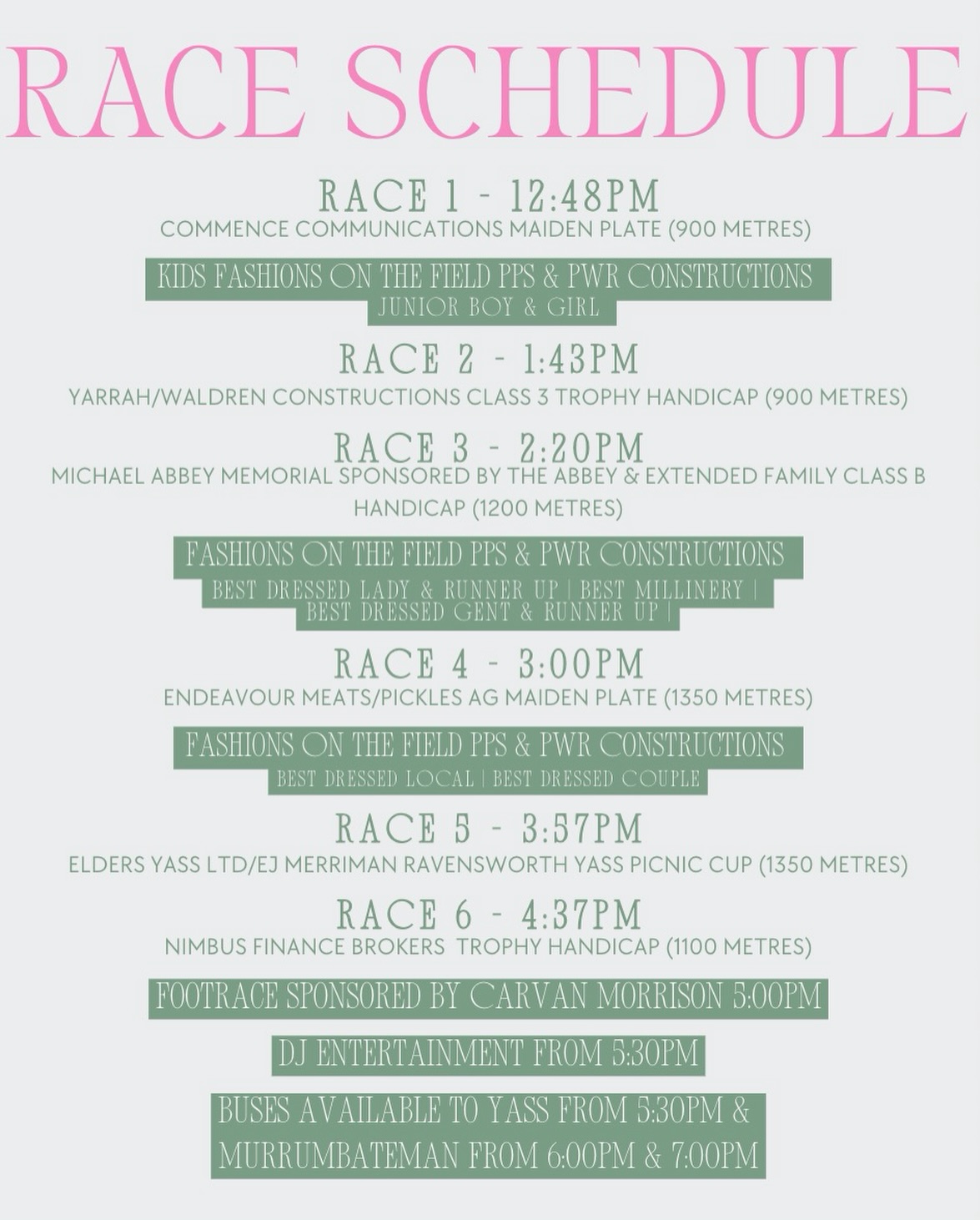 Here it is – your race day schedule for punters, fashion lovers and those just there for a good time. Screenshot, save and share so you know exactly what is happening and when throughout the day.
Tomorrow is race day and the excitement is well and truly building. Giddy up.