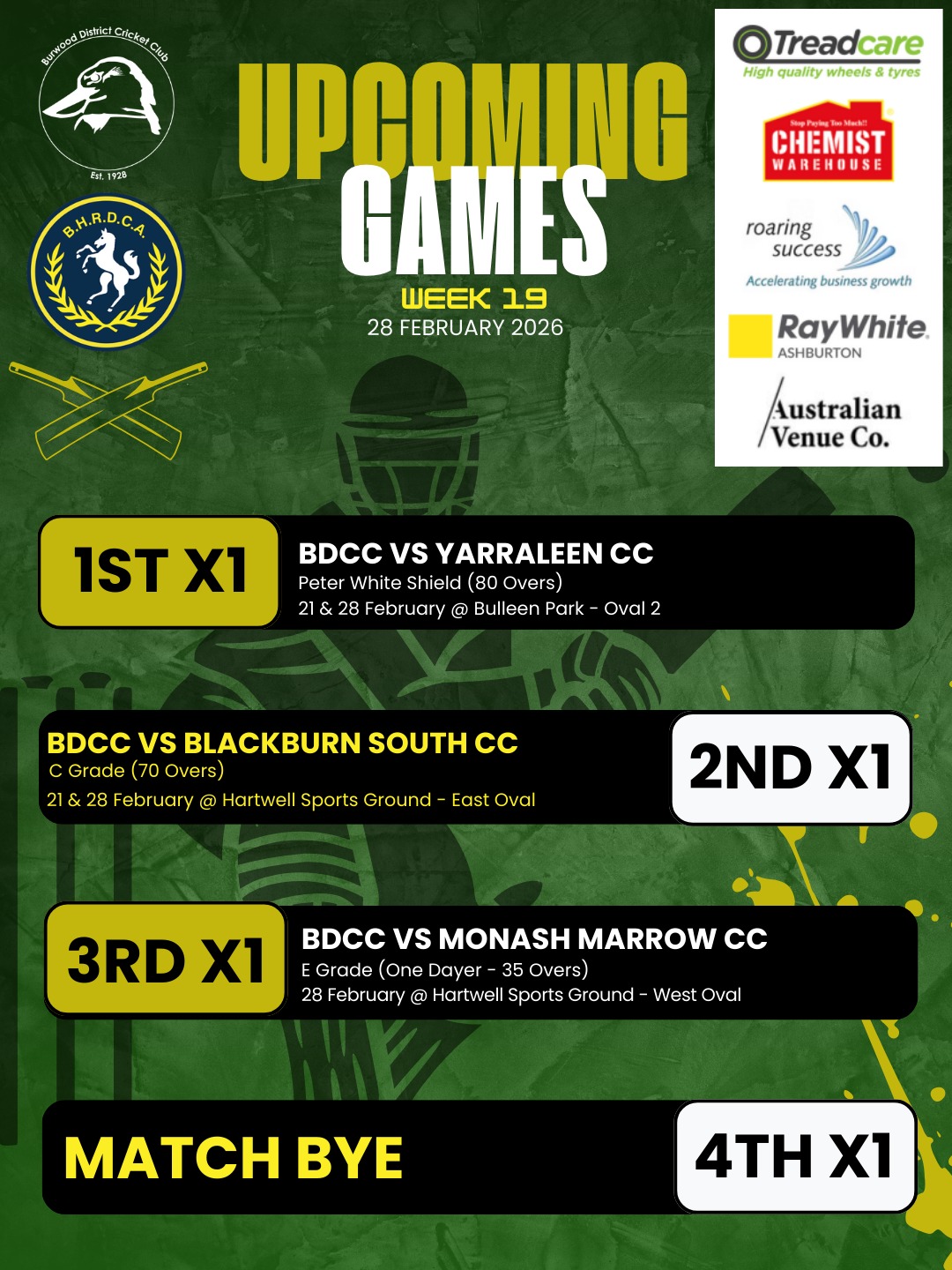🏏 TEAM ANNOUNCEMENTS | BDCC – WEEK 19 💚💛
A big Day 2 ahead for our top grades, with momentum and pride on the line. One-day action for the 3s and a well-earned break for the 4s.
🟡 1ST XI
Opponent: Yarraleen CC
Competition: Peter White Shield
Oval: Bulleen Park – Oval 2
Match Dates: 21 & 28 February
👉 Day 2 — dig deep, build partnerships, and fight for every run.
🟢 2ND XI
Opponent: Blackburn South CC
Competition: C Grade
Oval: Hartwell Sports Ground – East Oval
Match Dates: 21 & 28 February
👉 Day 2 — stay disciplined, trust the plans, and apply pressure session by session.
🟡 3RD XI
Opponent: Monash Marrow CC
Competition: E Grade
Oval: Hartwell Sports Ground – West Oval
Match Date: 21 February
🟢 4TH XI
Won by Byes
💚💛 Stand tall. Back each other. Go well, Burras! 💛💚