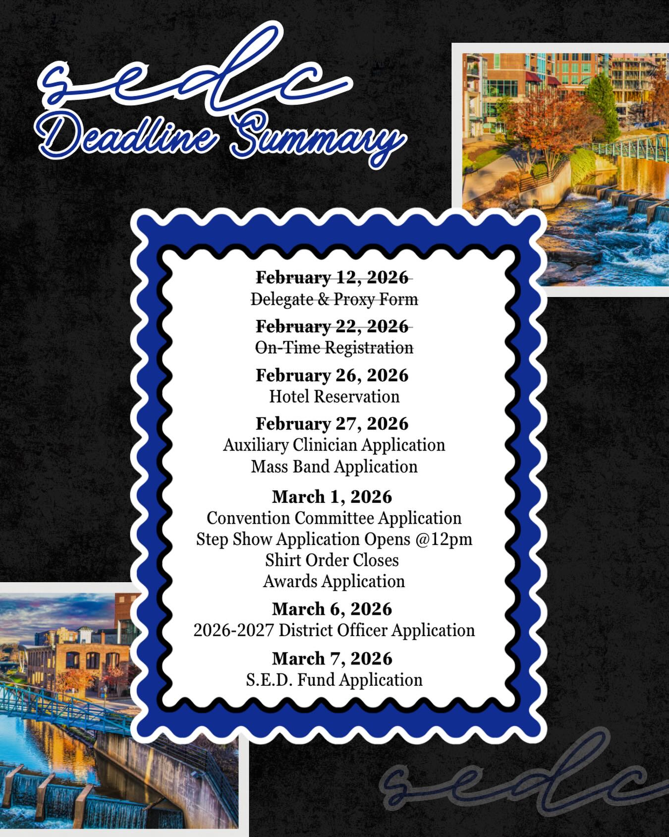 Mark your calendars! 🗓️
From Delegate forms to Award applications, we’ve got a busy few weeks ahead. Swipe to see the full deadline summary for SEDC 2026 so you don’t miss a beat.
NOTE:
The step show application will launch on March 1 12pm! Please look out for updates!
The deadline for officer applications has been extended to March 6, 2026!
Whether you're running for office or applying for the S.E.D. Funds, make sure your paperwork is in on time. 🎼💙
#TauBetaSigma #SEDC2026