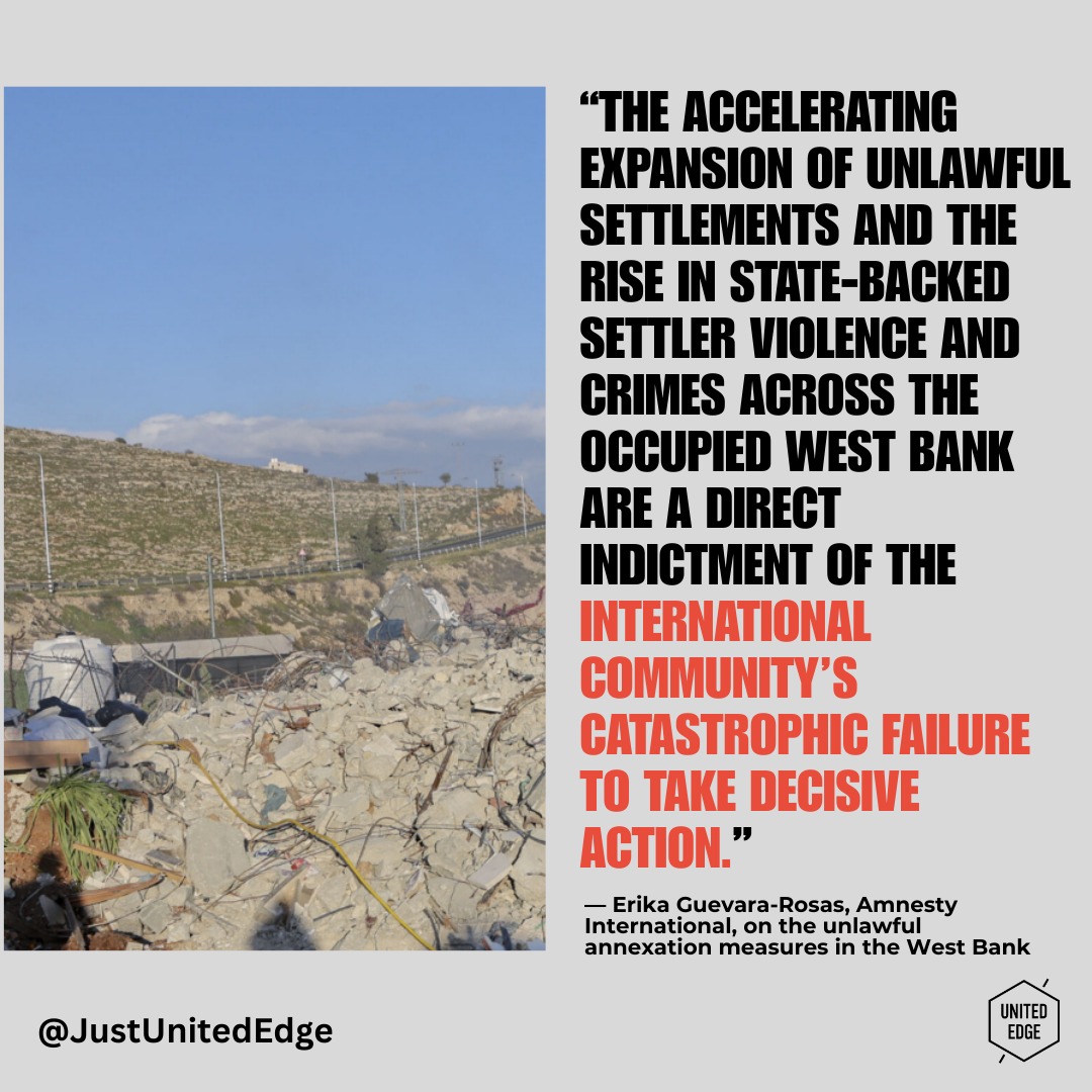Since late 2025, a series of unlawful measures in the Occupied West Bank have been deliberately designed to dispossess Palestinians and make annexation irreversible, according to Amnesty International. These actions, rooted in ongoing occupation and a lack of international accountability, risk cementing a reality that undermines human rights and international law. Read the Amnesty International article: https://bit.ly/4b0tHup
#HumanRights #AmnestyInternational #WestBank #Palestine #OccupiedTerritories #InternationalLaw #EndImpunity #JusticeForPalestine #StopAnnexation #Justice