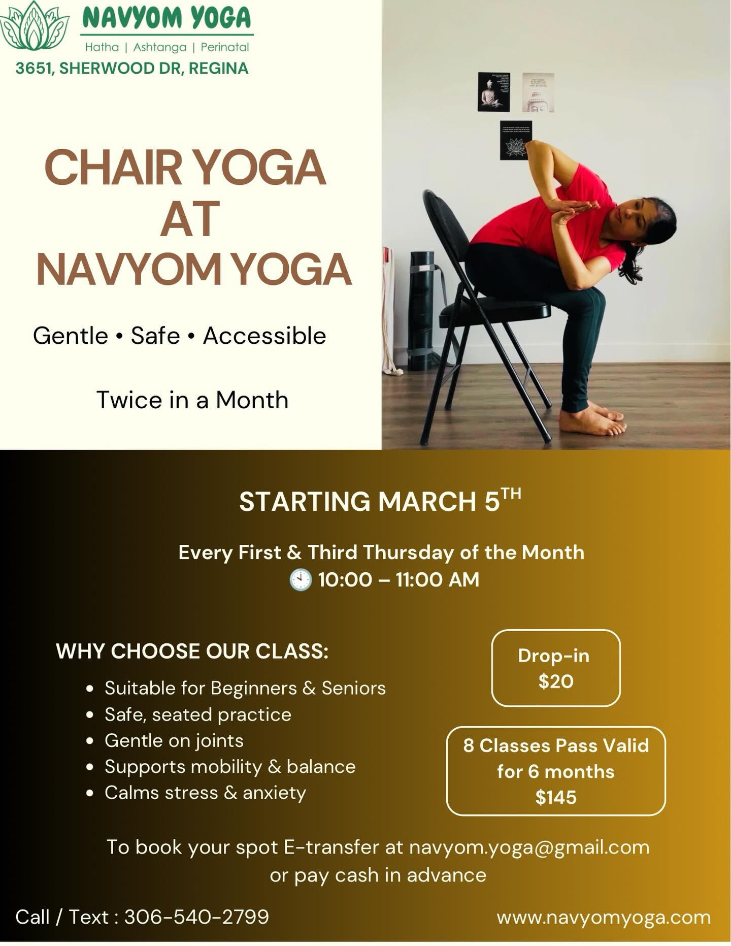 ✨ANNOUNCEMENT | Chair Yoga at Navyom Yoga
We are excited to share that Chair Yoga will be happening twice a month from March !
🗓️Starting March 5th, Every First & Third Thursday
⏰10:00 - 11:00 AM
This gentle , supportive class is perfect for :
- Seniors
- Anyone with mobility concerns
- Those seeking mindful, low impact movement
Investment :
Drop-in : $20
8 class Pass valid for 6 months : $145
Dm to book your spot !
#yoga #chairyoga #yogaforall #gentlemovement #reginayoga