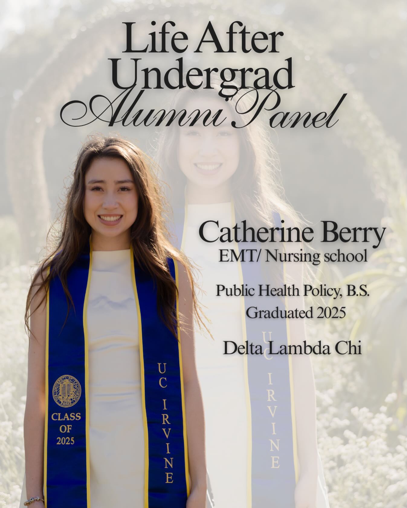 Meet our alumni panelist! Catherine Berry graduated in 2025 with a B.S. in Public Health Policy and is currently a EMT and in nursing school!
Learn more about her experiences at our alumni panel on Tuesday!
#msfc #sorority #fraternity #uci #ucievents