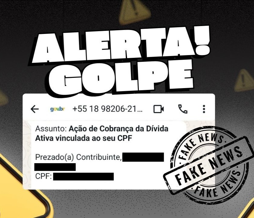GOLPE NO WHATSAPP: PREFEITURA DE RIO PRETO ALERTA SOBRE FALSA DÍVIDA ATIVA
A Prefeitura de Rio Preto alertou para mensagens enviadas por WhatsApp que simulam cobrança da Dívida Ativa da União vinculada ao CPF do destinatário.
O conteúdo usa o logotipo do GOV.BR e direciona para um site falso.
A orientação é não clicar no link nem informar dados pessoais ou bancários.
Pendências devem ser consultadas apenas em canais oficiais do governo.
Mais informações no Portal Guilherme Baffi.