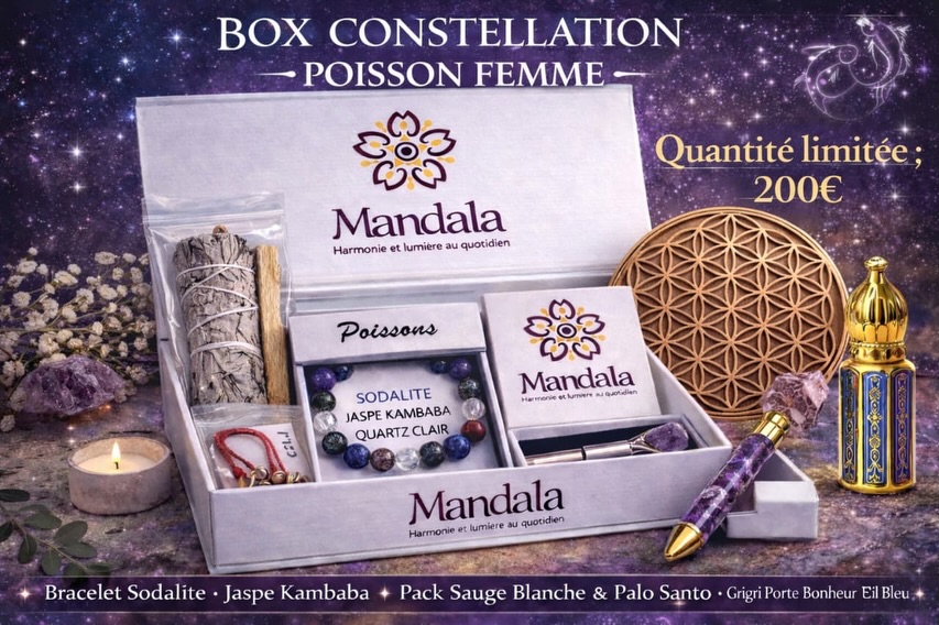 ✨ BOX CONSTELLATION – POISSON FEMME ✨
Un coffret céleste et profondément spirituel, pensé pour la femme Poisson 💜
Intuitive, sensible, connectée à son monde intérieur… cette box sublime sa douceur tout en renforçant sa protection énergétique.
🌙 À l’intérieur :
• Bracelets énergétiques (Sodalite, Jaspe Kambaba, Quartz clair, Améthyste…)
• Bracelet triple protection
• Pack Sauge Blanche & Palo Santo pour purifier vos énergies
• Grigri porte-bonheur
• Stylo pierre améthyste
• Coffret prêt à offrir
Un équilibre parfait entre purification, harmonie émotionnelle et élégance spirituelle ✨
🎁 Coffret complet, prêt à offrir
💫 Idéal pour un cadeau astrologique unique
⚡ Quantité limitée
Offrez un cadeau aligné avec les étoiles.
📩 Commandes par WhatsApp
📞 0696 067 434 | 0696 734 164
#BijouxArtisanaux #PierresNaturelles #CréationArtisanale #PiècesUniques