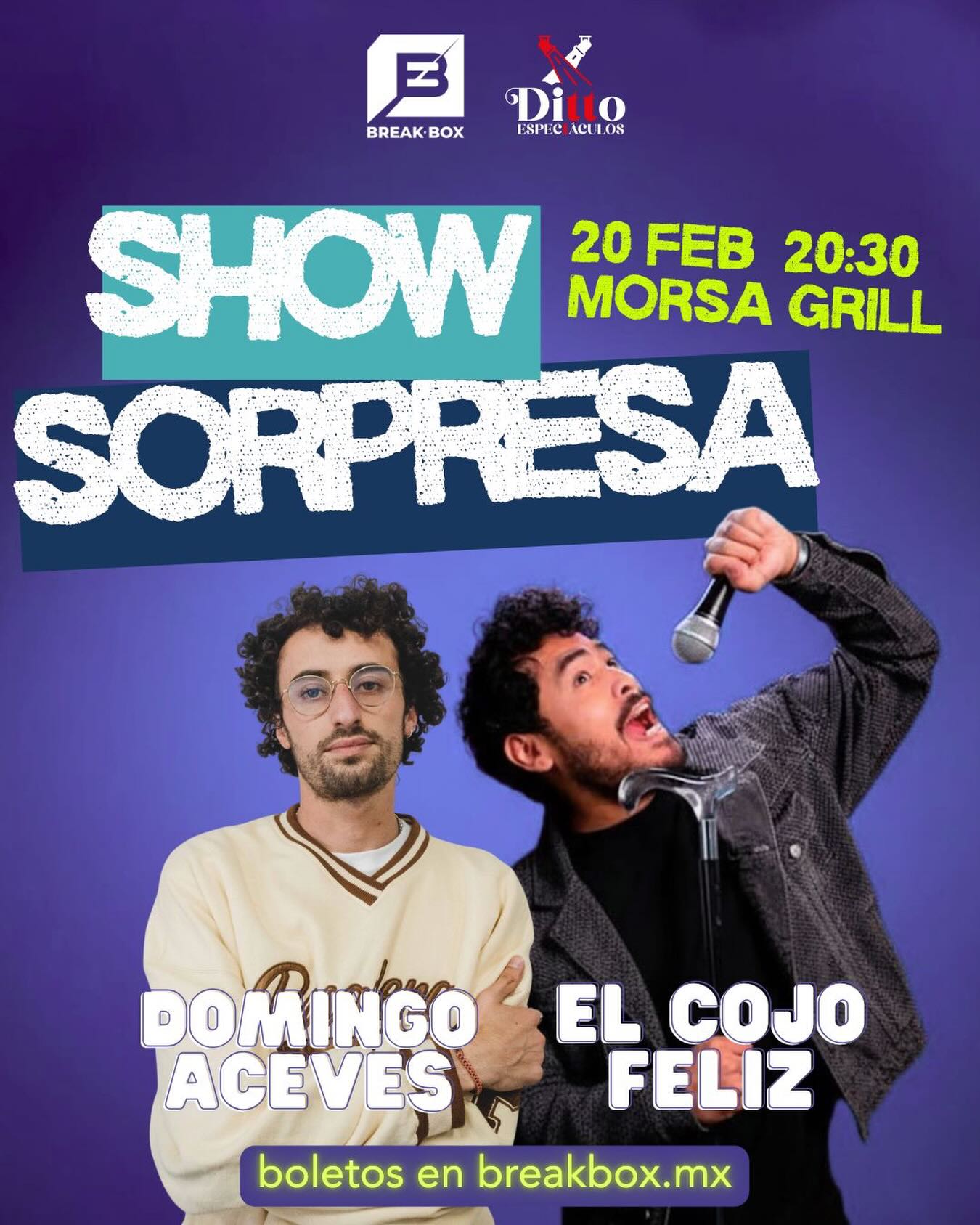 🚨 HOY. SHOW SORPRESA. TUXPAN.
Sí, leíste bien.
El Cojo Feliz + Domingo Aceves en el mismo escenario.
Dos comediantes.
Una sola noche.
Mismo boleto.
Si quieres estar ahí, corre por tus boletos ahora mismo.
📍 La Morsa Grill
🕣 8:30 PM
🎟️ Compra ya en breakbox.mx
Nos vemos esta noche 🔥
#Breakbox #ElCojoFeliz #DomingoAceves #StandUpTuxpan #EventosTuxpan