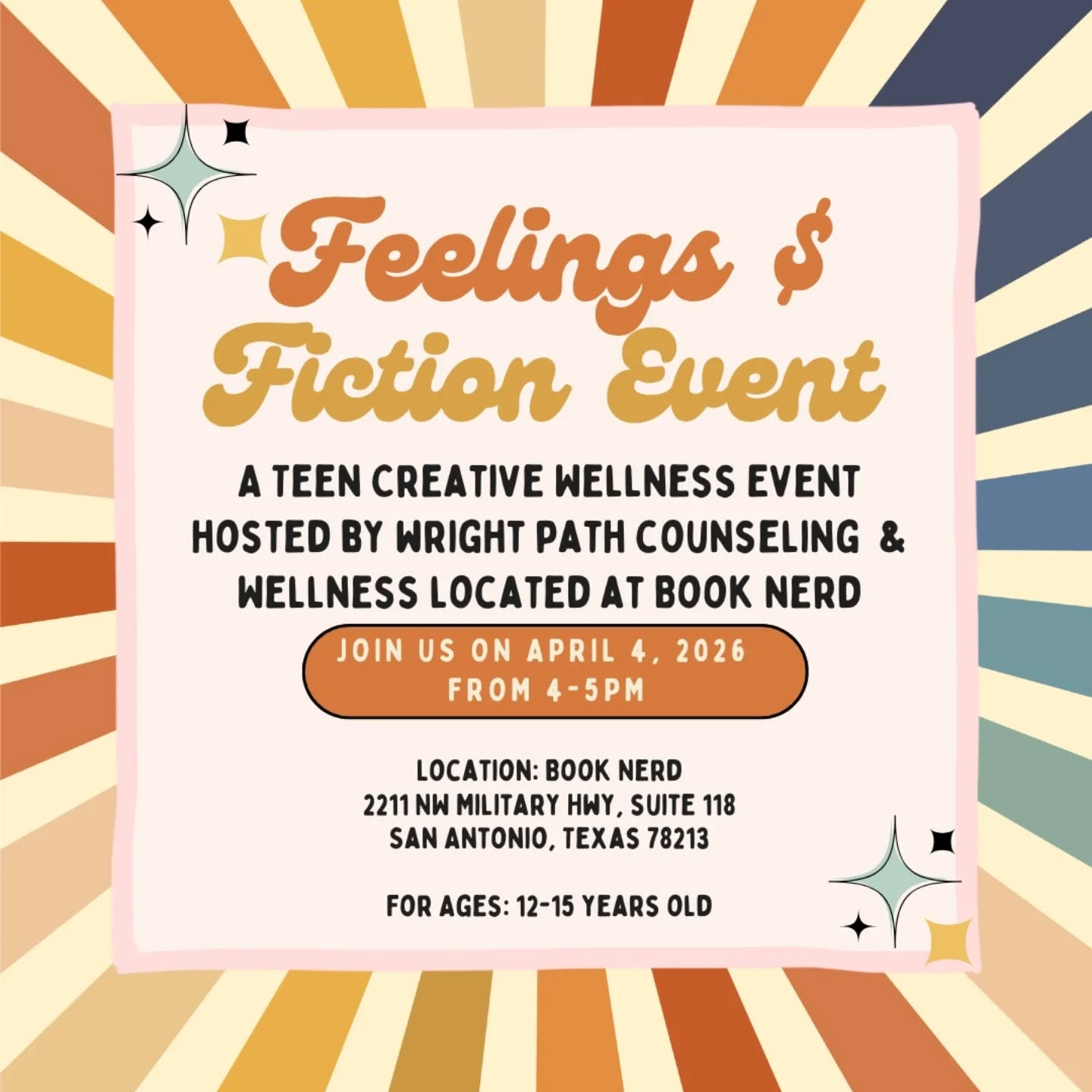 ✨FEELINGS & FICTION - A Teen Creative Wellness Event✨
Books, art and a space to just be. Join us at Book Nerd for a relaxed, creative afternoon where teens (12-15 years old) can explore self-expression through storytelling and art. Participants will choose their own creative path- annotating meaningful quotes, creating blackout poetry, or designing a mood-inspired character.
🗓️ Saturday, April 4, 2026
⏰4:00pm-5:00pm
📍Book Nerd 2211 NW Military Hwy, Suite 118 in San Antonio
🎟️ Free Community Event | Limited Spots Available | Link in bio to RSVP
This is a guided creative workshop focused on expression and connection - no art experience needed.
#SanAntonioTeens #CreativeWellness #TeenEventsSA #BookNerdSA #ExpressiveArts