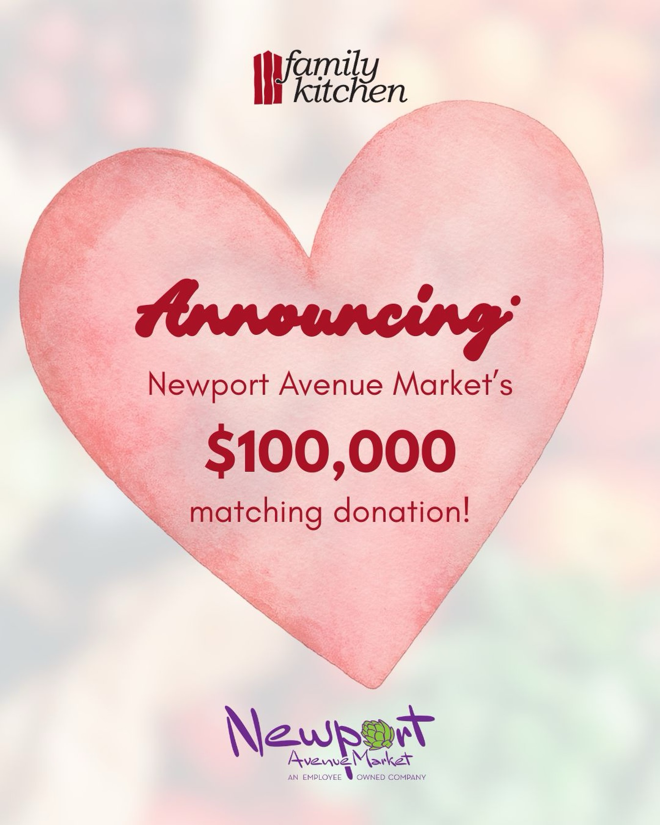 We are thrilled and honored to announce that Rudy’s Markets Inc. (Newport Avenue Market, Oliver Lemon’s, and Ollie’s Kitchen) has selected Family Kitchen as one of two beneficiaries for their 50 Year Celebration fundraiser!
Every dollar donated at checkout through the year will be matched up to $100,000, helping us provide a whole lot of nutritious meals for our community! Your kindness goes twice as far when you shop with them!
Thank you SO MUCH to Newport Avenue Market and this community for sharing the love all year long! ❤️ This initiative will have a huge positive impact for so many people, and we are grateful to be a part of it.
