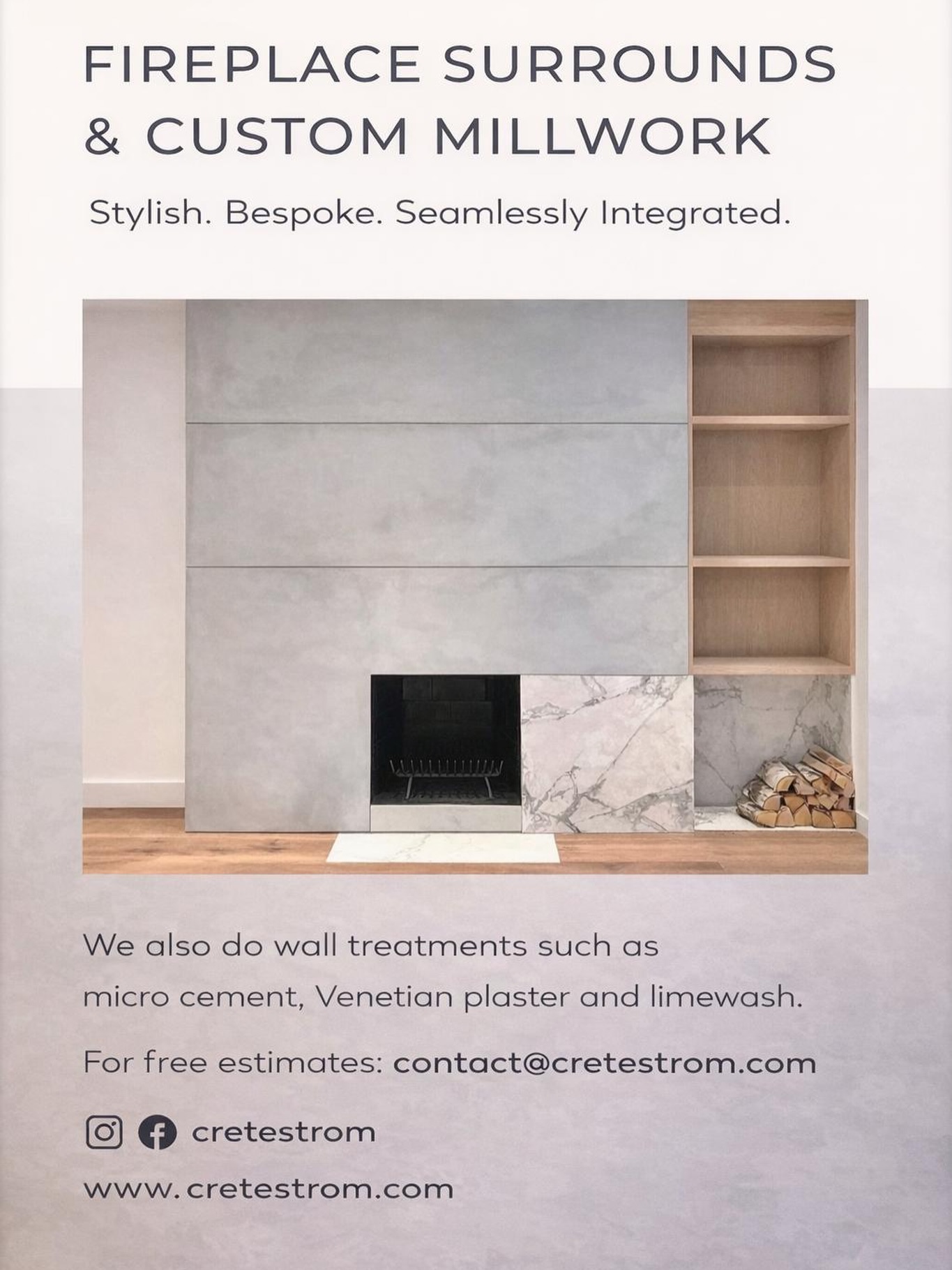 Fireplace surrounds & custom millwork — designed as one seamless statement.
At CreteSTRÖM, we integrate concrete, stone, and wood into architectural focal points that feel intentional from floor to ceiling. Clean lines. Refined textures. Built to last.
We also offer microcement, Venetian plaster, and limewash wall treatments to complete the vision.
Now booking GTA projects.
Contact us for a complimentary estimate: contact@cretestrom.com
#CreteSTROM #TorontoDesign #CustomMillwork #FireplaceDesign #ArchitecturalConcrete