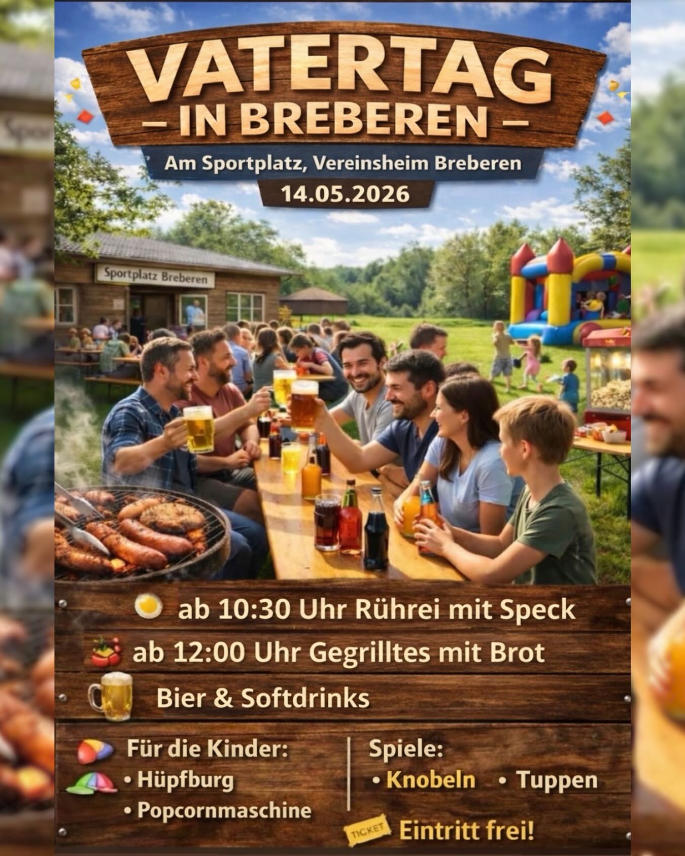 An Vatertag noch nichts vor? 🤔🍻
Dann merkt euch den 14.05.2026 vor und kommt zum Sportplatz nach @breberen! ⚽🎉
Der SV Breberen richtet in diesem Jahr erstmals den Vatertag auf dem eigenen Sportplatz aus – und das möchten wir gemeinsam mit euch feiern.
Los geht es ab 10:30 Uhr mit einem leckeren Frühstück: Frisches Rührei mit Speck gibt es bis 12 Uhr. 🍳🥓 Ab 12 Uhr wird der Grill angeheizt – dann gibt es Gegrilltes mit Brot für den großen und kleinen Hunger. 🔥🌭
Natürlich ist auch für die passenden Getränke bestens gesorgt. Ob mit oder ohne Alkohol – bei uns findet jeder das Richtige.🍺🥤
Auch an unsere kleinen Gäste haben wir gedacht: Eine große Hüpfburg sorgt für jede Menge Spaß und Bewegung 🎈 und an der Popcornmaschine gibt es die passende süße Stärkung. 🍿
Wer Lust auf ein bisschen Tradition und Geselligkeit hat, kann außerdem kräftig knobeln und tuppen. 🎲
Kommt vorbei, bringt Familie, Freunde und gute Laune mit und verbringt mit uns einen gemütlichen und geselligen Vatertag beim SV Breberen. 💙🤍
Wir freuen uns auf euren Besuch! 🙌🏻