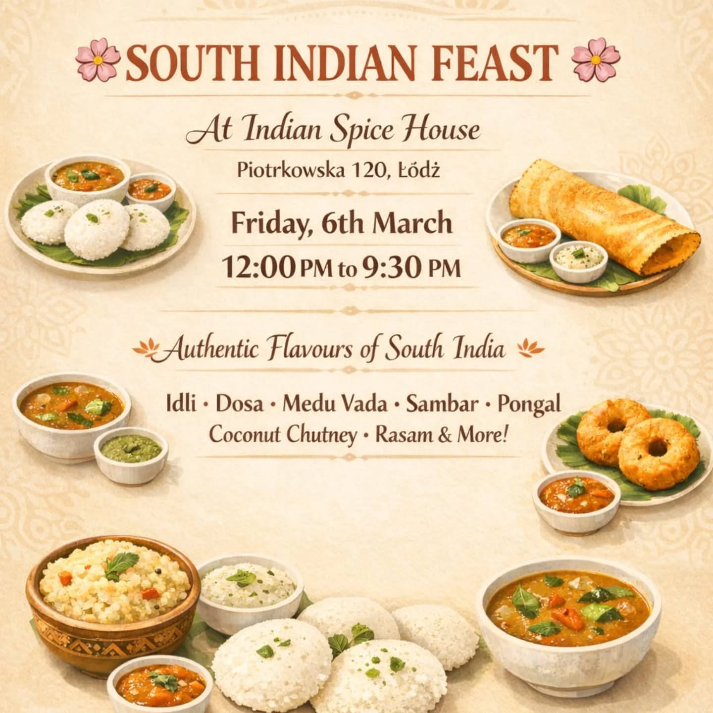 Z radością ogłaszamy wyjątkowy dzień poświęcony autentycznym smakom południowych Indii! 🇮🇳✨
Dołącz do nas w Indian Spice House
przy ul. Piotrkowskiej 120 w Łodzi na wspaniałą celebrację tradycyjnej kuchni południowoindyjskiej.
Delektuj się pysznymi przysmakami, takimi jak chrupiąca dosa, miękkie idli, medu vada, aromatyczny sambar, pongal, świeże chutney i wiele więcej! 🍽️🔥
Zanurz się w tętniącej życiem atmosferze z autentyczną indyjską muzyką, serdeczną gościnnością i prawdziwym smakiem południowych Indii. 🎶🌿
Zabierz rodzinę i przyjaciół i przeżyj dzień pełen niesamowitego jedzenia, kultury i niezapomnianych smaków.
✨ Przyjdź głodny. Wyjdź szczęśliwy. ✨
________________________
We are excited to announce a special day dedicated to the authentic flavours of South India! 🇮🇳✨
Join us at Indian Spice House, Piotrkowska 120, Łódź for a delightful celebration of traditional South Indian cuisine.
Enjoy delicious favourites like crispy dosa, soft idli, medu vada, flavourful sambar, pongal, fresh chutneys and much more! 🍽️🔥
Immerse yourself in the vibrant atmosphere with authentic Indian music, warm hospitality, and the true taste of South India. 🎶🌿
Bring your family and friends and experience a day filled with amazing food, culture, and unforgettable flavours.
✨ Come hungry. Leave happy. ✨
We look forward to welcoming you!
#restauracjaindyjska #kuchniaindyjska #dosa