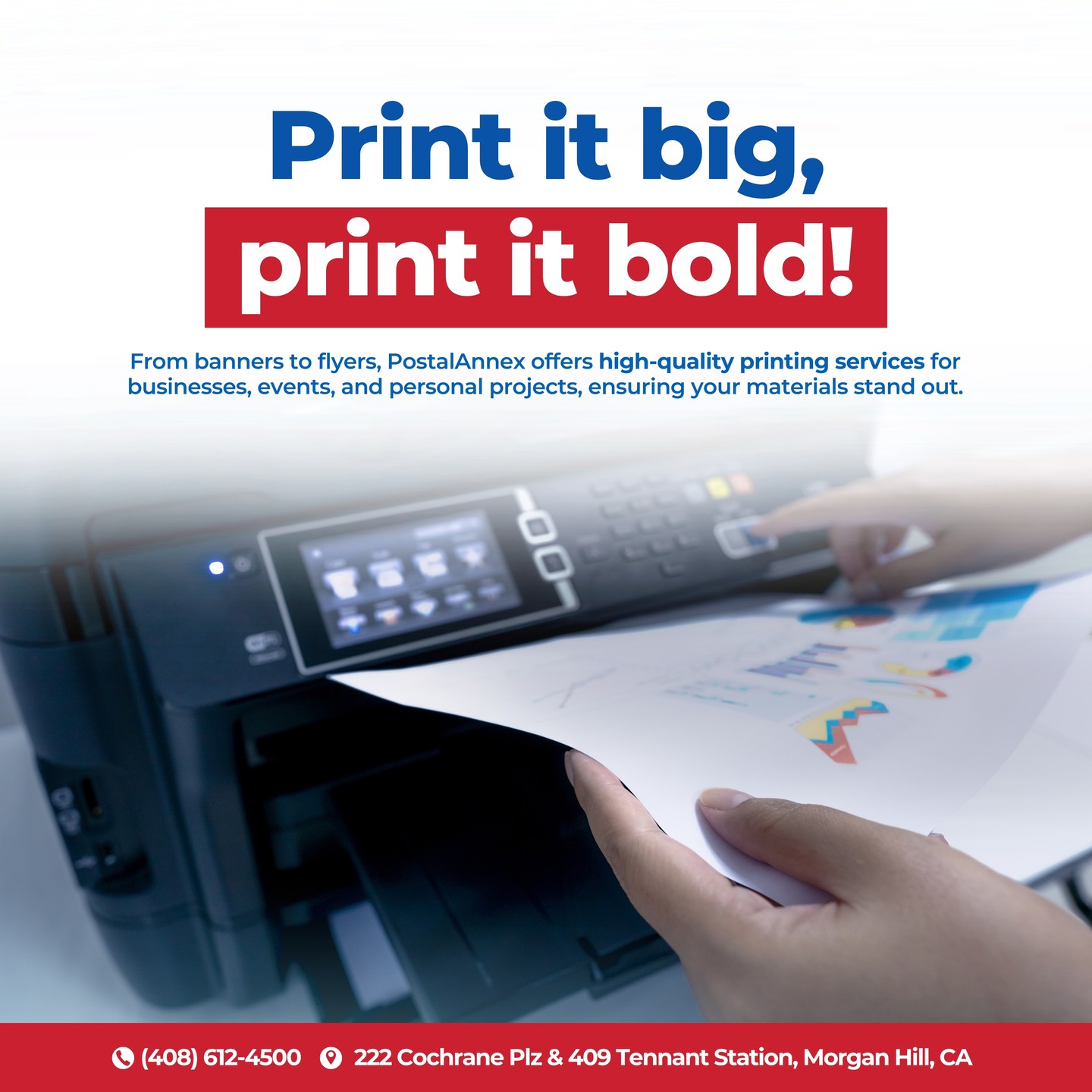Make a statement with every print! 🖨️
At PostalAnnex, we offer high-quality printing services for businesses, events, and personal projects. Whether you need bold banners or eye-catching flyers, we ensure your materials stand out and leave a lasting impression.
Let's bring your ideas to life, big and bold! ✨
📍 222 Cochrane Plz, Morgan Hill, CA
📍 409 Tennant Station, Morgan Hill, CA
#PostalAnnex #PrintingServices #PrintBig #StandOut