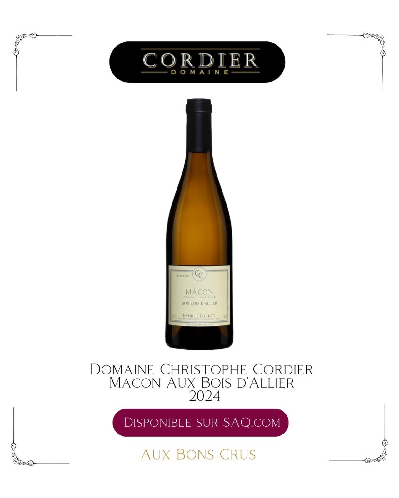 Domaine Christophe Cordier, Mâcon Aux Bois d’Allier 2024 disponible sur SAQ.com
🍇 Chardonnay 100 %
🍷 Au nez, le vin dévoile des notes d’agrumes frais, de pomme croquante et de fleurs blanches, soutenues par une subtile touche boisée.
La bouche est droite, lumineuse et tendue, portée par une belle énergie minérale et une finale saline persistante.
⌛ À déguster dès aujourd’hui et au cours des cinq à sept prochaines années.
🍴 Poisson en sauce citronnée.