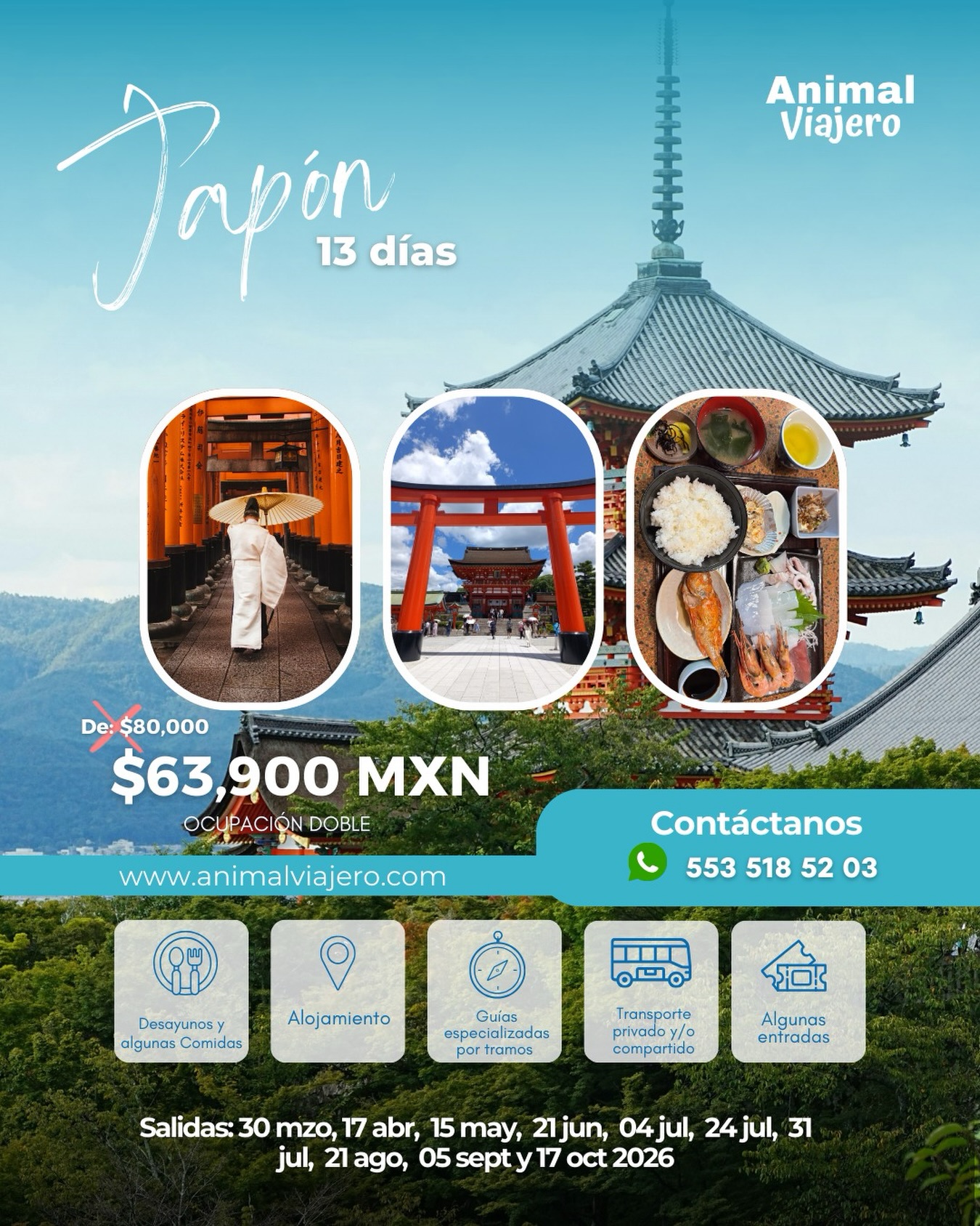 13 días recorriendo templos, torii rojos, gastronomía increíble y cultura milenaria 🌸🍣
💥 Precio especial: $63,900 MXN
(Ocupación doble)
📆 Salidas confirmadas 2026:
30 marzo
17 abril
15 mayo
21 junio
04 julio
24 julio
31 julio
21 agosto
05 septiembre
17 octubre
Las fechas se llenan rápido y algunas ya están por cerrar grupo 👀
Reserva la tuya antes de que suba la tarifa ✈️
📲 553 518 52 03
🌐 www.animalviajero.com
#Japón2026 #AnimalViajero #viajesajapon #viajeros #agenciadeviajescdmx