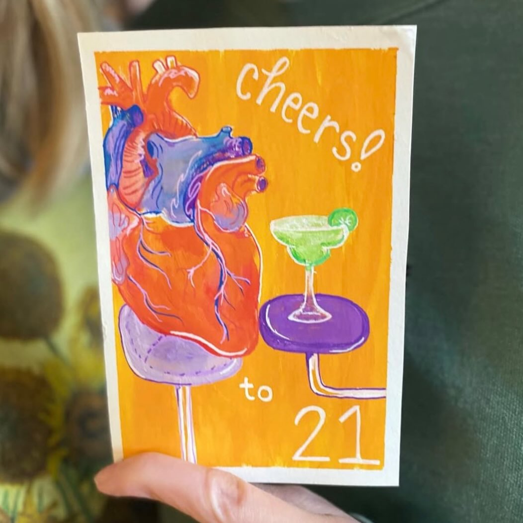 sometimes when you have the idea for a card that doesn’t exist you have to make it yourself! Like a 21st-annual-first-open-heart-surgeriversary card!
I love my sister @hanrahan_shenanigan and I also love all the doctors and nurses who gave her her second chance 21 years ago🧡
If you have a silly specific card idea you’d like me to illustrate/paint to life pls don’t hesitate to ask :)