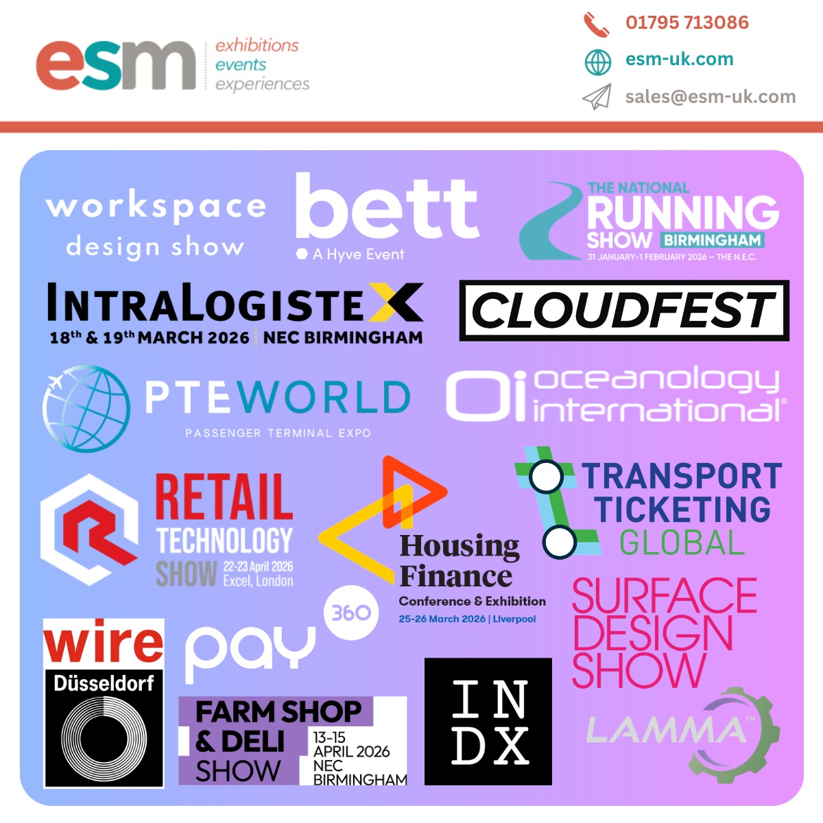 These are just some of the events we've been involved in this January & February, and where we'll be providing exhibition stand support throughout March & April 2026!
January:
• LAMMA
• BETT UK
• National Running Show
February:
• Surface Design Show
• Workspace Design Show
• INDX Home
March:
• Oceanology International
• Transport Ticketing Global
• Passenger Terminal Expo
• IntraLogisteX
• Cloud Fest Germany
• NHF Housing Finance Conference
• Pay 360
April:
• Wire Dusseldorf
• Farm Shop & Deli Show
• Retail Technology Show
If you need exhibition stand design, build, manufacture or management support, whether it's already on our list or not - get in touch today!
💻 www.esm-uk.com
📧 sales@esm-uk.com
📞 01795 713086
#design #build #manufacture #events #exhibitions #tradefair #exhibitionstand #oceanologyinternational #oi #ttg #transportticketingglobal #pte #passengerterminalexpo #intralogistex #pay360 #wire #farmshop&delishow #retailtechnologyshow #rts
