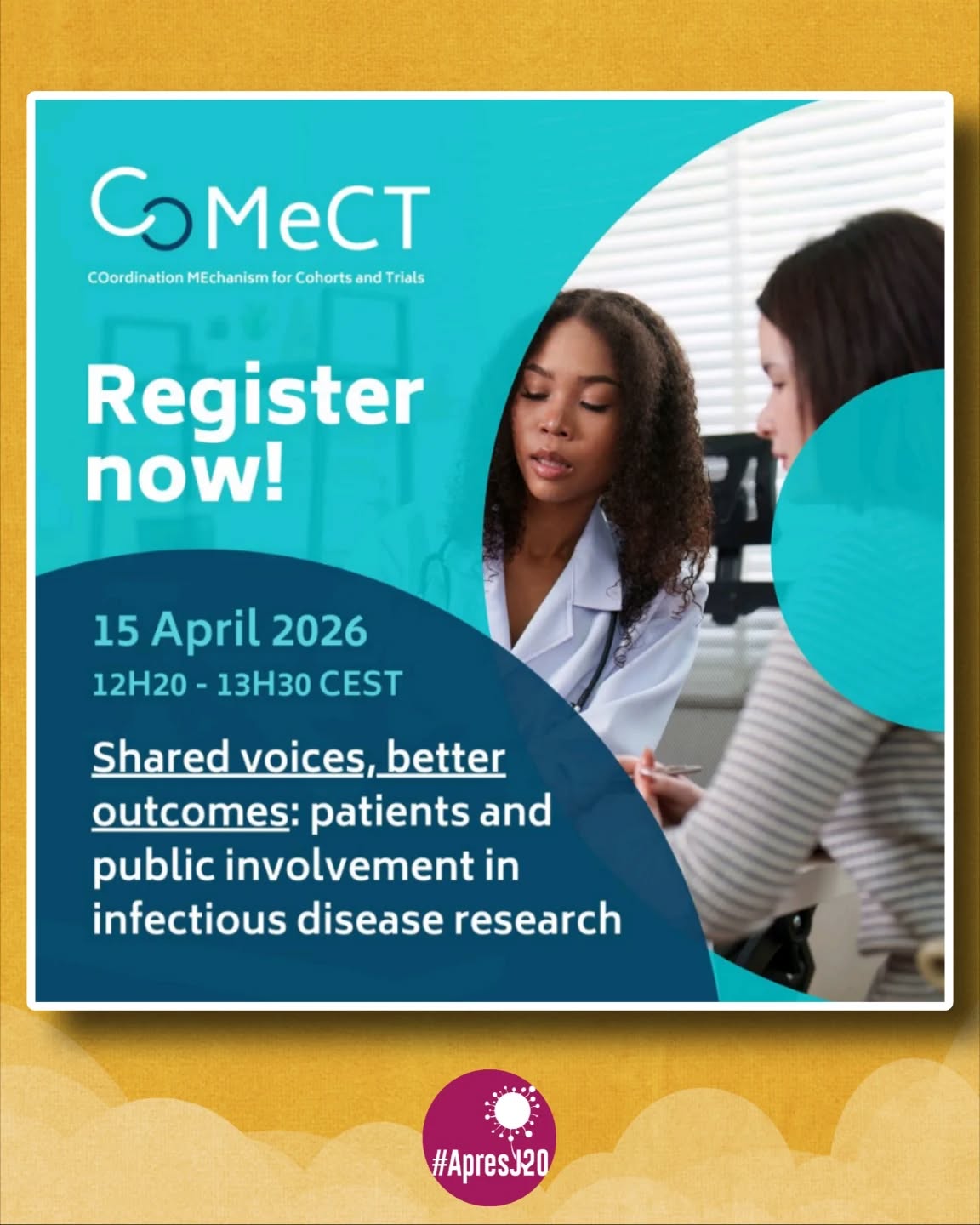 🚨Webinaire scientifique les inscriptions sont ouvertes !
Voix partagées, meilleurs résultats : comment les patients et le public peuvent-ils contribuer de manière significative à la recherche sur les maladies infectieuses ? ⤵️
🧠 C’est quoi CoMeCT ?
CoMeCT est un projet européen financé par l’Union européenne via le programme Horizon Europe.
🎯 Son objectif : mieux coordonner la recherche clinique sur les maladies infectieuses à potentiel épidémique ou pandémique en Europe.
🔬 Concrètement, CoMeCT agit pour :
▪️ faciliter le dialogue entre les acteurs de la recherche
▪️ partager les bonnes pratiques
▪️ renforcer la collaboration entre essais cliniques et cohortes
▪️ diffuser des informations actualisées sur l’innovation en recherche
🌍 Un projet clé pour la préparation aux crises sanitaires
CoMeCT travaille en lien étroit avec les mécanismes européens de préparation et de réponse aux urgences sanitaires et s’adapte rapidement aux nouvelles menaces infectieuses.
👉 https://comectproject.org/
🎙️ Le webinaire
Ce webinaire scientifique est organisé avec deux associations européennes de patients atteints de Covid Long.
Il réunit :
▪️ Spécialistes de l’implication du patient et du public (IPP)
▪️ Patients et associations de patients
▪️ Chercheurs
🔍Ce que nous allons explorer :
Des approches pragmatiques et concrètes pour impliquer les patients et le public à toutes les étapes de la recherche sur les maladies infectieuses :
🧩 conception des études
📊 conduite
📢 résultats
👩🔬 Intervenants
Webinaire développé avec la contribution et le soutien de :
• Carina Mørch-Storstein, chercheuse basée à Oslo 🇳🇴
• Pauline Oustric, présidente de #ApresJ20, qui interviendra sur l’importance de la recherche participative
• Pr Mahendra G Patel
📅 Infos pratiques
🗓️ 15 avril 2026
⏰ 12h30 – 13h30 (CEST)
💻 Zoom
👉 Inscriptions :
https://us02web.zoom.us/webinar/register/WN_rb88qh5ISWqXPtHIJGtZsg#/registration
🔎 À noter :
Ce webinaire est centré sur :
✅ la science
✅ la méthodologie
✅ les pratiques concrètes de recherche
❌ Les discussions politiques ne seront pas abordées.
🤝 🙏