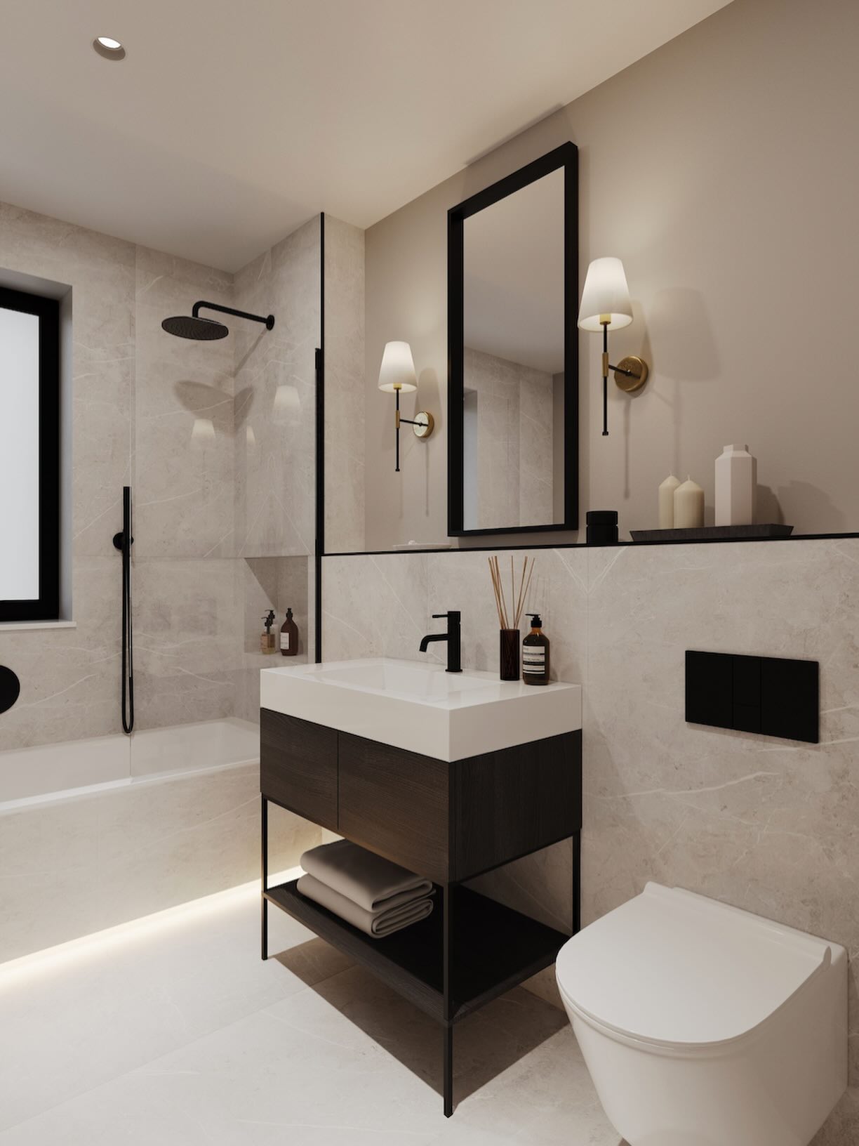 Bathrooms that make everyday routines feel better.
Fully tiled finishes, bespoke vanity units with stone resin basins, black-mounted taps and soft lighting create a space you’ll actually enjoy spending time in.
Agents: @hamptons1869 and @core.london
Developement: Clubhouse Residences