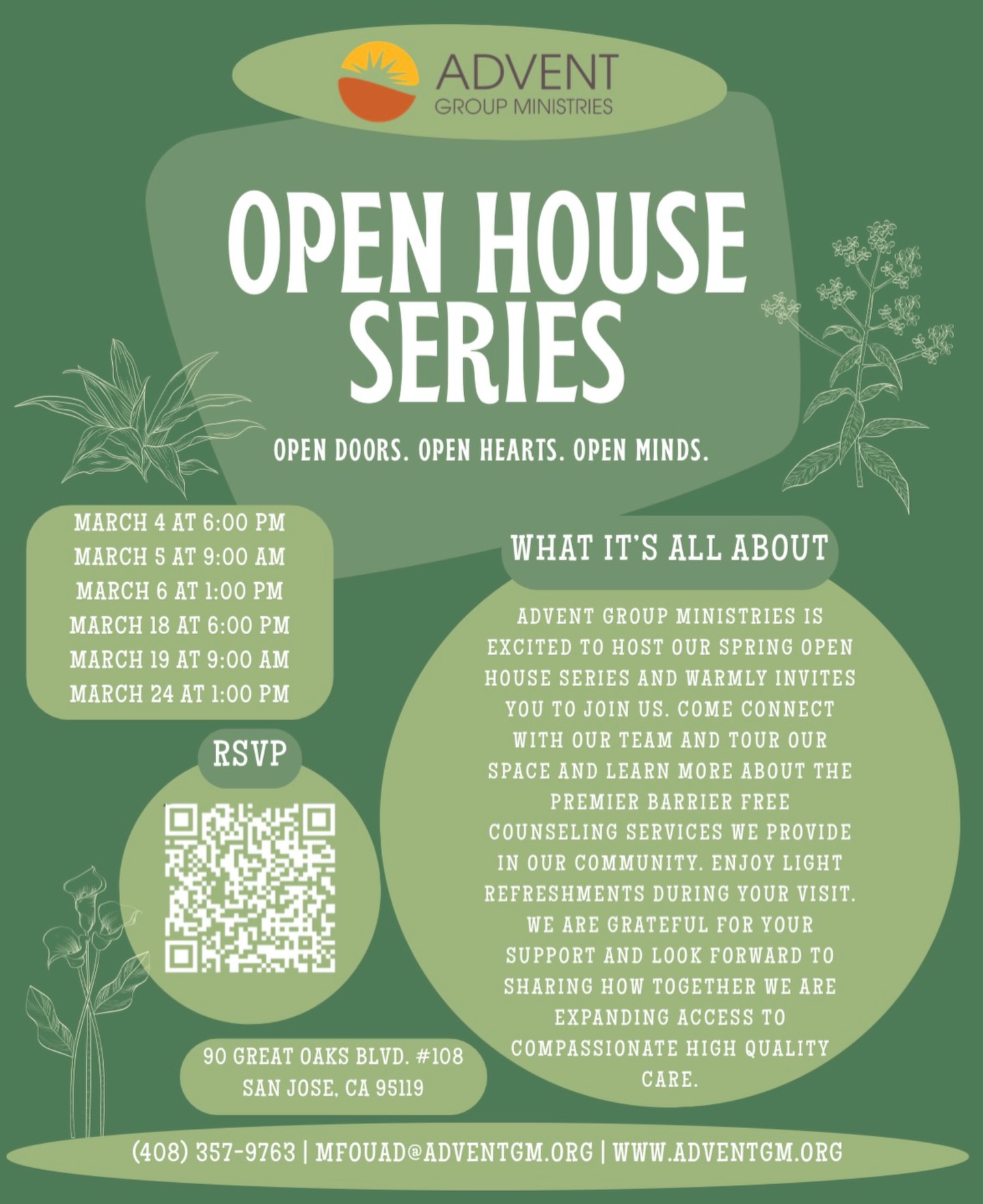 Our doors are open and so are our hearts and minds 💚
Join us for Advent Group Ministries’ Spring Open House Series! Come meet our team, tour our space, enjoy light refreshments, and learn more about our barrier-free counseling services.
📅 Multiple dates in March | 📍 San Jose
RSVP via the link/QR code—we’d love to see you! https://www.adventgm.org/event-details/spring-open-house-series-2026-03-04-18-00