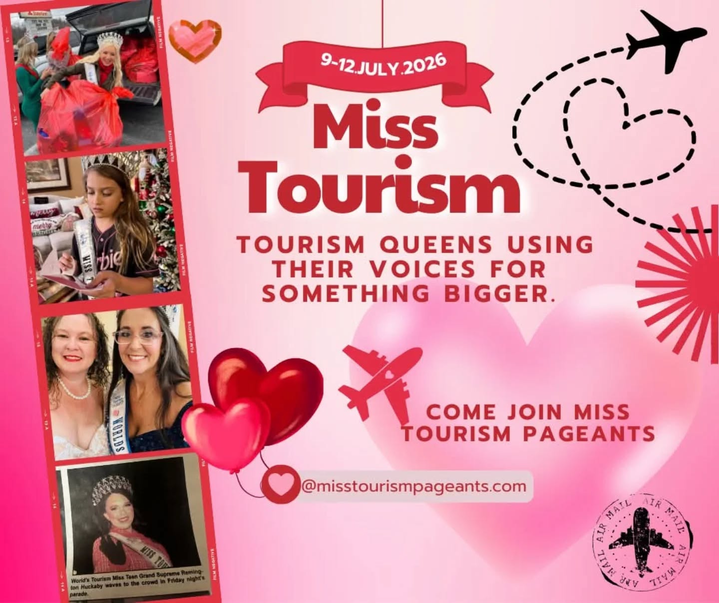 Tourism Queens Nationals is only a few months away Contact us so we know you will be there. Registration fee due No Later Than April 1, 2026. Message us or email info@misstourismpageants.com.
We have 12 spots left if you want to sign up and compete at finals July 9-12, 2026 Nashville, TN.