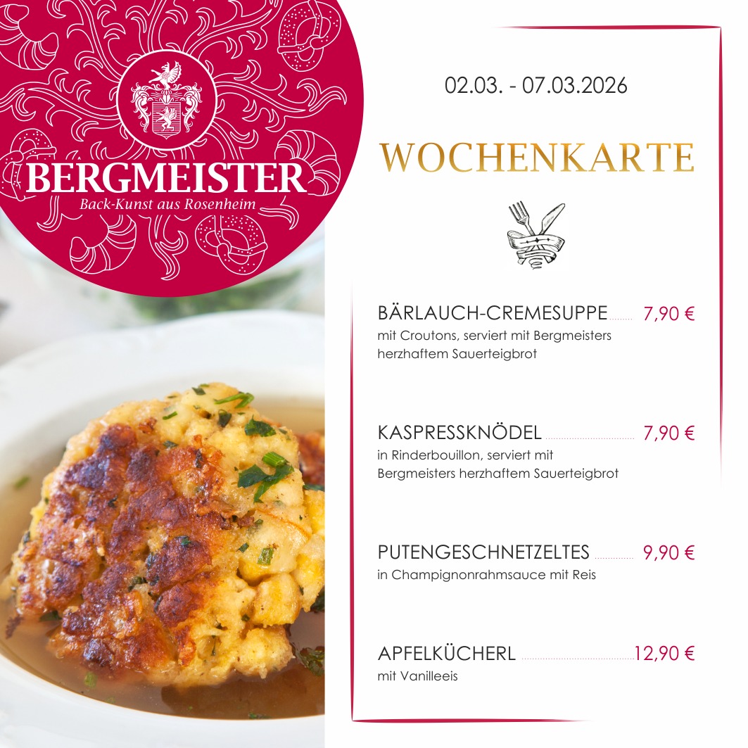 🌟 Neue Wochenkarte im Café BERGMEISTER! 🌟
Hey ihr Lieben! Die neue Woche steht vor der Tür und wir haben ab Montag wieder superleckere Gerichte für euch am Start! 🤤✨
1. **Bärlauchcremesuppe** – für alle Bärlauch-Fans: Cremig, lecker und mit knusprigen Croutons garniert!
2. **Kaspressknödel in Rinderbouillon** – ein herzhafter Klassiker, der einfach immer schmeckt!
3. **Putengeschnetzeltes in Champignonrahmsauce mit Reis** – zartes Fleisch und cremige Sauce, so lecker!
4. **Apfelkücherl mit Vanilleeis** – ein süßer Traum! Knusprige Apfelkücherl und cremiges Vanilleeis – einfach himmlisch!
Kommt vorbei und genießt Euren Gaumenurlaub! 🥳😋
Wir freuen uns auf euch! 💚
Euer BERGMEISTER-Team
#cafébergmeister #bergmeister #Leckereien #Schmankerl #FoodieHeaven #LeckerEssen #EssenWieBeiMama #herzhaft #herzhafteküche #bärlauchcremesuppe #kaspressknödel #kaspressknödelsuppe #putengeschnetzeltes #Apfelkücherl #mittagspause #lunchbreak #maxjosefsplatzrosenheim #rosenheim #pause #mittagessen #frischeküche #wochenkarte