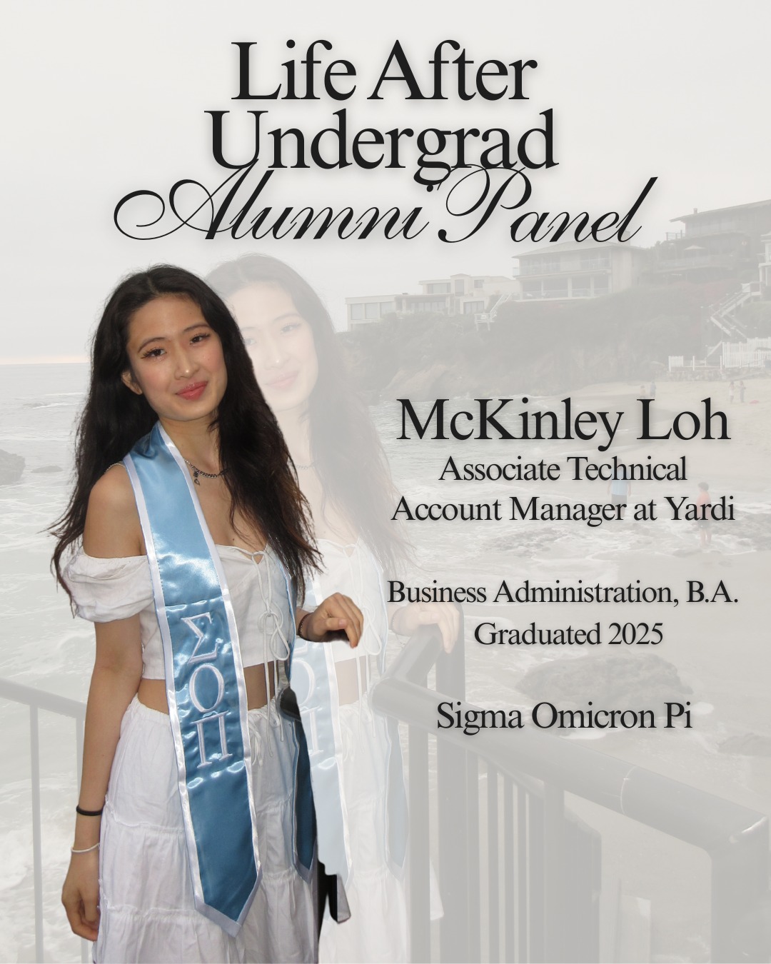 Meet our alumni panelist! McKinley Loh graduated in 2025 with a B.A. in Business Administration and is currently an Associate Technical Account Manager at Yardi!
Learn more about her experiences at our alumni panel on Tuesday!
#msfc #sorority #fraternity #uci #ucievents