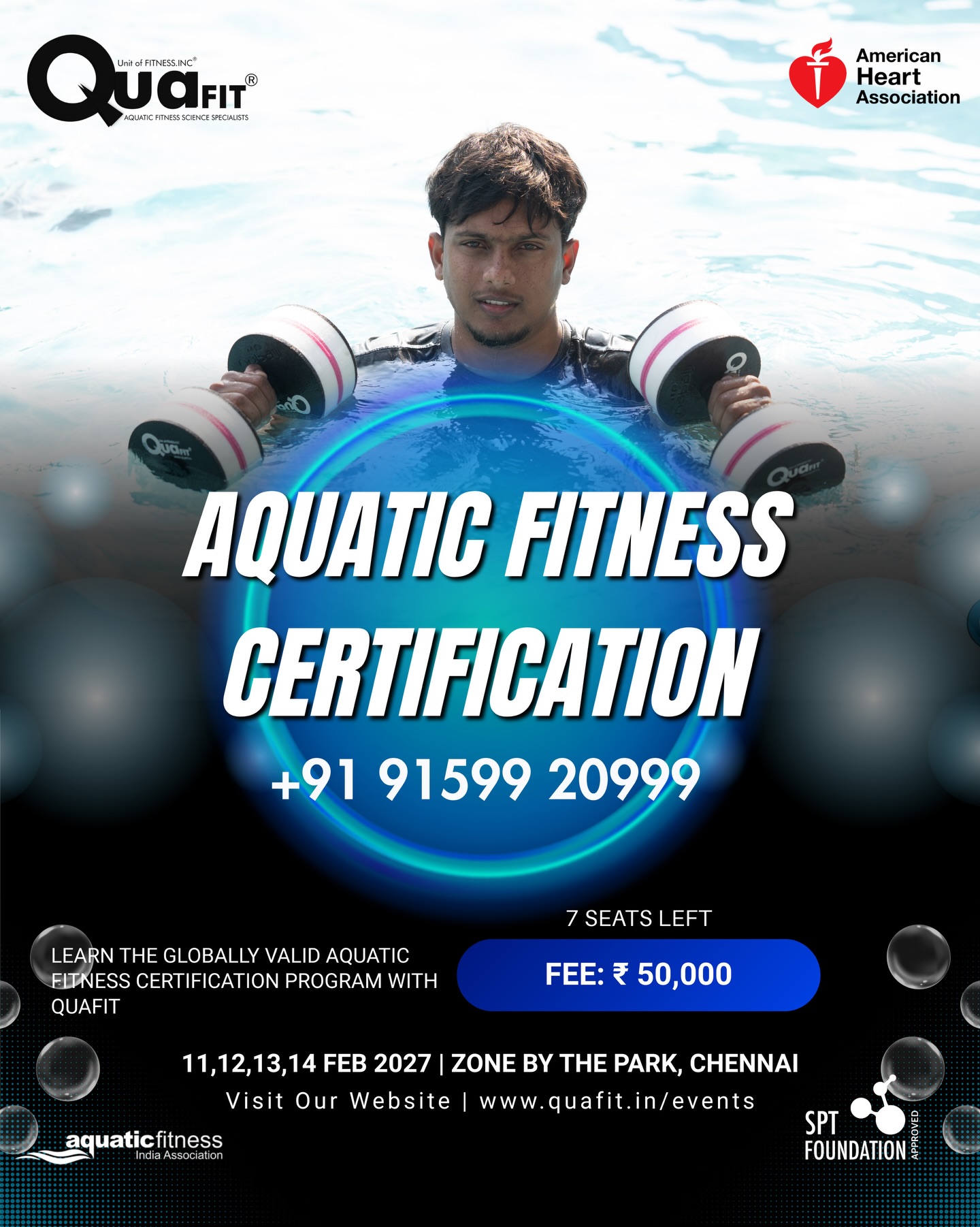 Batch 7 (2027) REGISTRATION OPEN NOW.
7 SEATS LEFT.
Dive into a new career with our Globally recognised Aquatic Fitness Instructor Certification program by Quafit.
Join us at Chennai on
February 11,12,13,14 2027
to gain expertise in water fitness training. Learn from top professionals and get certified in essential skills like
✅ AHA CPR & AED
✅ foundational aquatic fitness,
✅ safety measures,
✅ stretches, and
✅ program design.
Don’t miss this opportunity to become a specialist in the growing field of aquatic fitness!
📞 For more information,
contact us at
+91 91599 20999
or email at
info@quafit.in.
#AquaticFitness #InstructorCertification #quafit #fitnesscertification #cprtraining