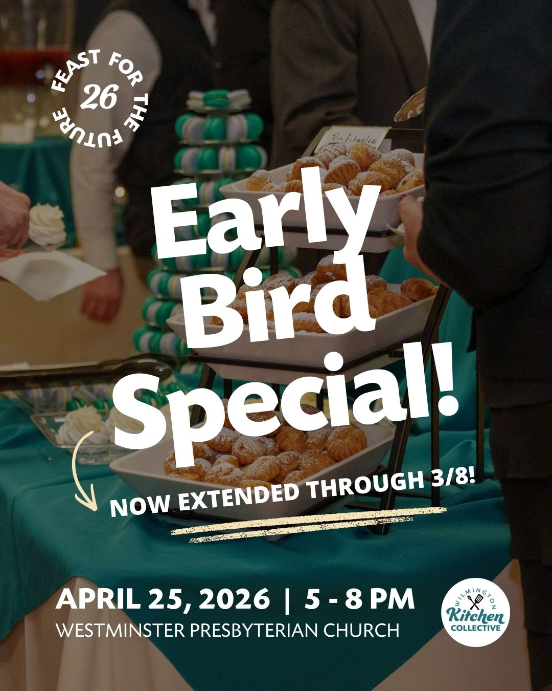We've extended our Early Bird Sale until March 8th! You now have ONE more week to take advantage of discounted tickets. 🙌
Join Wilmington Kitchen Collective on April 25th from 5-8 PM at Westminster Presbyterian Church for our fundraising event, Feast for the Future!
Don't delay! 🔗 Buy your tickets today via the link in our bio.
#FeastForTheFuture #Fundraiser #Community #Fellowship