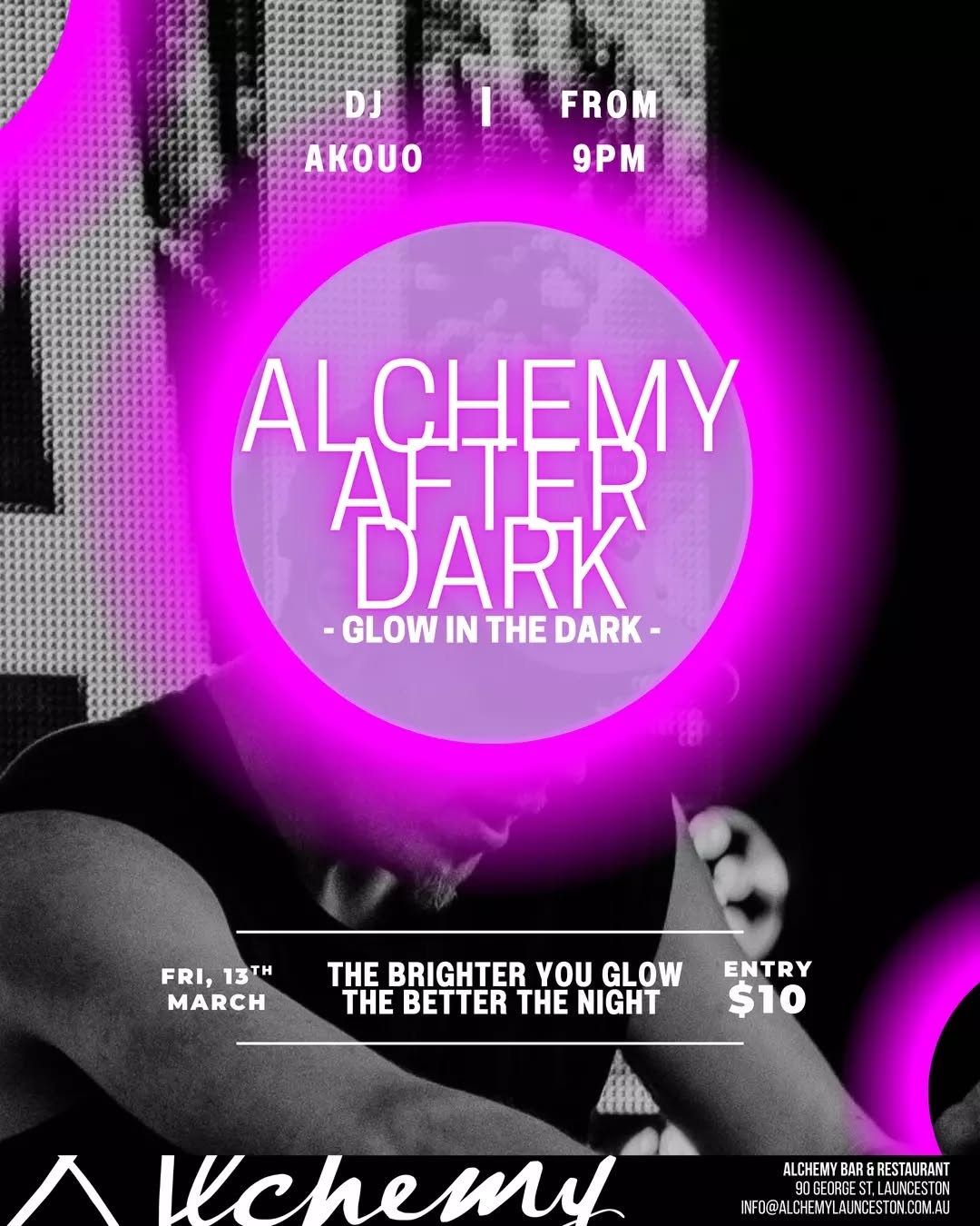 GET GLOWING ⚡️
When the lights drop, Alchemy transforms. We’re trading the dinner vibes for UV floods, neon hues, and pure late-night energy.
Expect fluoro fits, bass-heavy beats, and a dance floor that doesn’t quit. We’ve got @akouo taking over the decks to keep the pulse high all night long 🥂✨
When: Friday, March 13th | 9pm – Late
Cover: $10 (link in bio)
Dress to shine (literally).