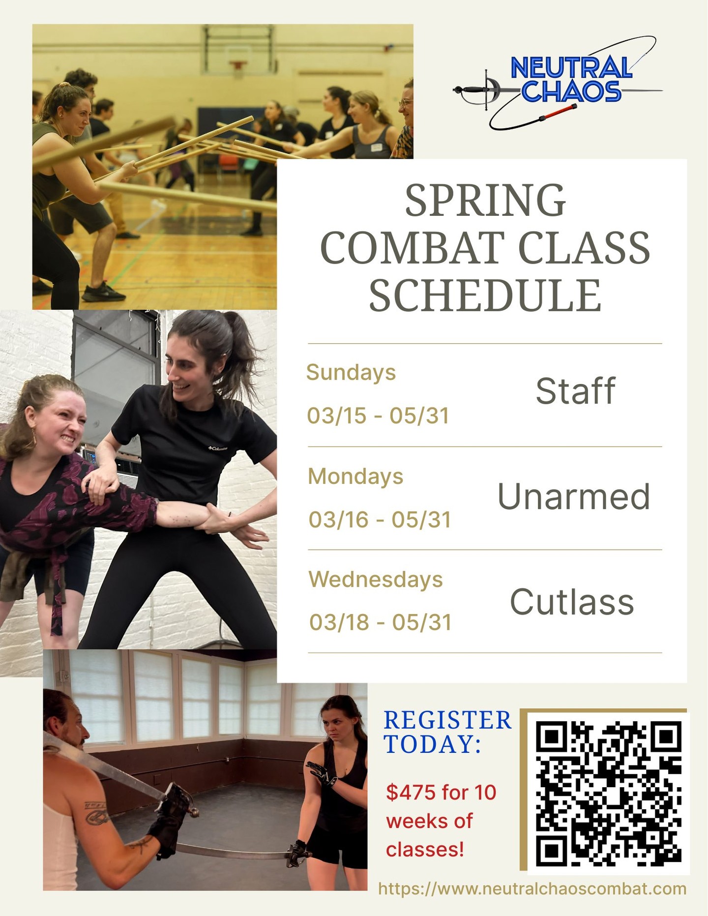 In just two weeks, a new session of classes begin at Neutral Chaos Combat!
If you’ve been looking for more actor training, refining your existing skills, or even stepping into stage/screen combat for the first time, this is the moment to commit. Our programs are built to give actors performance ready combat skills in a focused and supportive environment while having fun doing it.
As a studio we prioritize storytelling, performer repeatability, and creative play. We work with fight directors, stunt coordinators, martial artists, and movement professionals who are actively working in the NYC market and beyond. From Broadway, Renaissance Faires, Outdoor Dramas, Regional Theaters, Opera Stages, to SAG TV/Film Sets.
Classes are designed to meet you at your level and push you forward, all levels are welcome. Each class meets the 30hr eligibility for certification with the Society of American Fight Directors. That means you can leave with a shiny piece of paper as a keepsake once you pass the certification test. If you’d like to join with no pressure of certification, that’s perfectly fine too!
Spots are limited to ensure quality instruction and individual attention. If you plan to join us this session, we encourage you to register and secure your place at
�https://www.neutralchaoscombat.com/
We’re looking forward to seeing you in the room. Please don’t hesitate to teach out if you have questions. If finances are a barrier of access, we’re happy to chat and work something out.