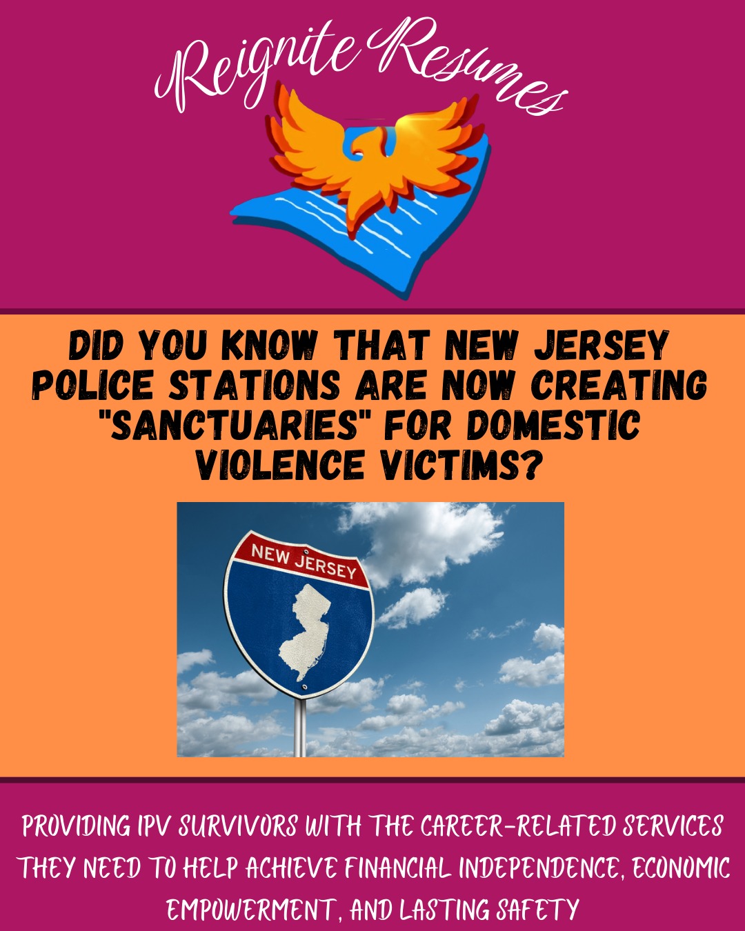 New Jersey just took a big step forward in supporting DV survivors with supportive spaces known as Stephanie’s Sanctuaries.
Check out our post to learn more about these NJ sanctuaries.
#reigniteresumes #npo #nonprofit #youthled #femaleled #resume #resumes #recruitment #domesticviolence #ipv #youthleaders #youthleadership #jobs #careers #employment