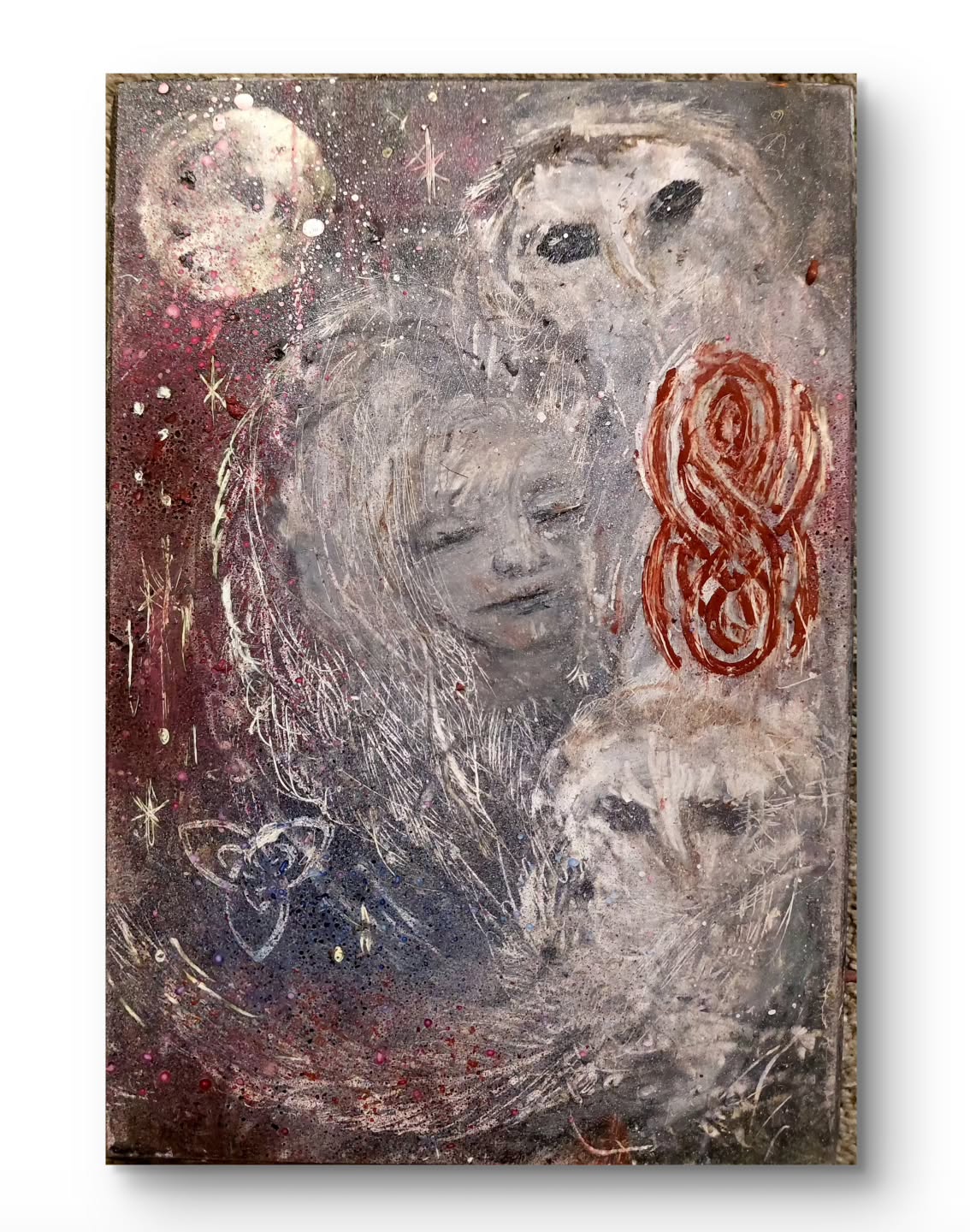 Upcycled mat board, oil pastels, alcohol ink, and a dash of chaos. Found some awesome stuff at Barry's Stationer's and decided to experiment. Owl, fairy, celtic knots, moon, and a loving vibe . No title, suggestions are welcome. #owlart #magicgarden #fairy #celticknot #indigochild #littleone #sgraffito #mica #ink #dailypractice