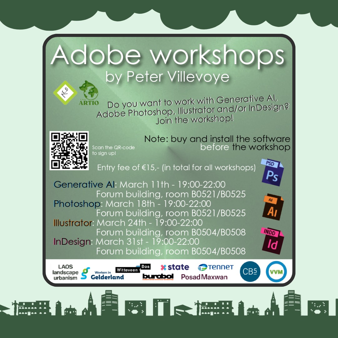 Dear Cubs🐻,
Time to start working with Adobe Generative AI, Photoshop, Illustrator or InDesign? Or want to improve your skills? 💻✏️Sign up now for the E.S.G. Artio Adobe software workshop! The workshops will be given on four consecutive Tuesdays from 19:00 till 22:00 . 💚 The Generative AI workshop, Photoshop, Illustrator and InDesign workshops are only €15. Four sessions for €15 in total?? It really does not get cheaper than that!!🤓
You can sign up here: https://forms.gle/YGcQLi84QUEJ7XbJ9
!!Note!! : Please buy and install the Adobe software before attending the workshop. You can also use the free trial option offered by Adobe.
In case you have any questions about the workshop, you can mail to onderwijs.genius@wur.nl
With Love,
E.S.G Artio & The Education Committee of Genius Loci💚