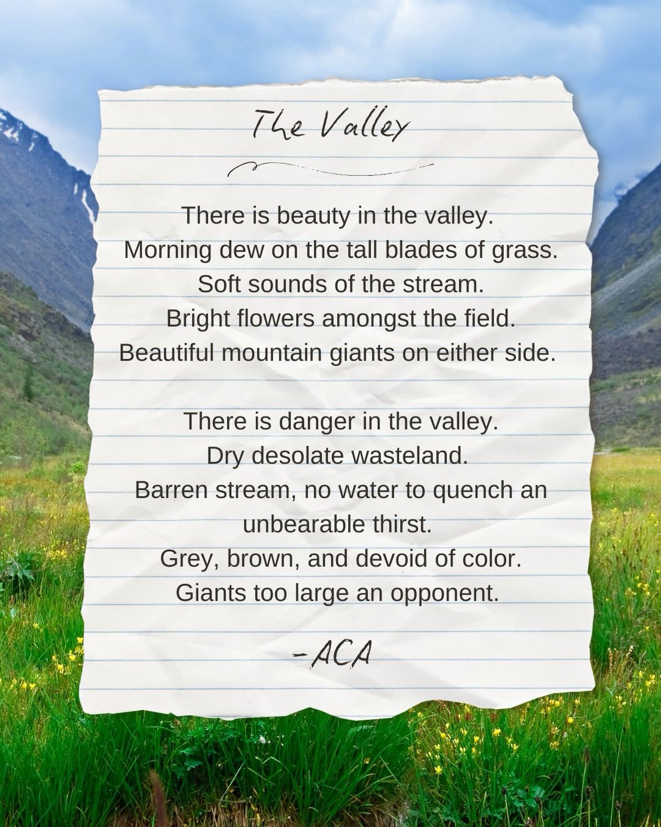 The Valley, a poem from “Still Waters, Drawn Swords”. The valley can be a beautiful but tough place to be in. The beginning of my poetry collection focuses on Psalm 23 and discusses enduring through a valley season.
#christianpoetry #christianpoem #poetofinstagram #poetrycommunity #selfpublishedauthor