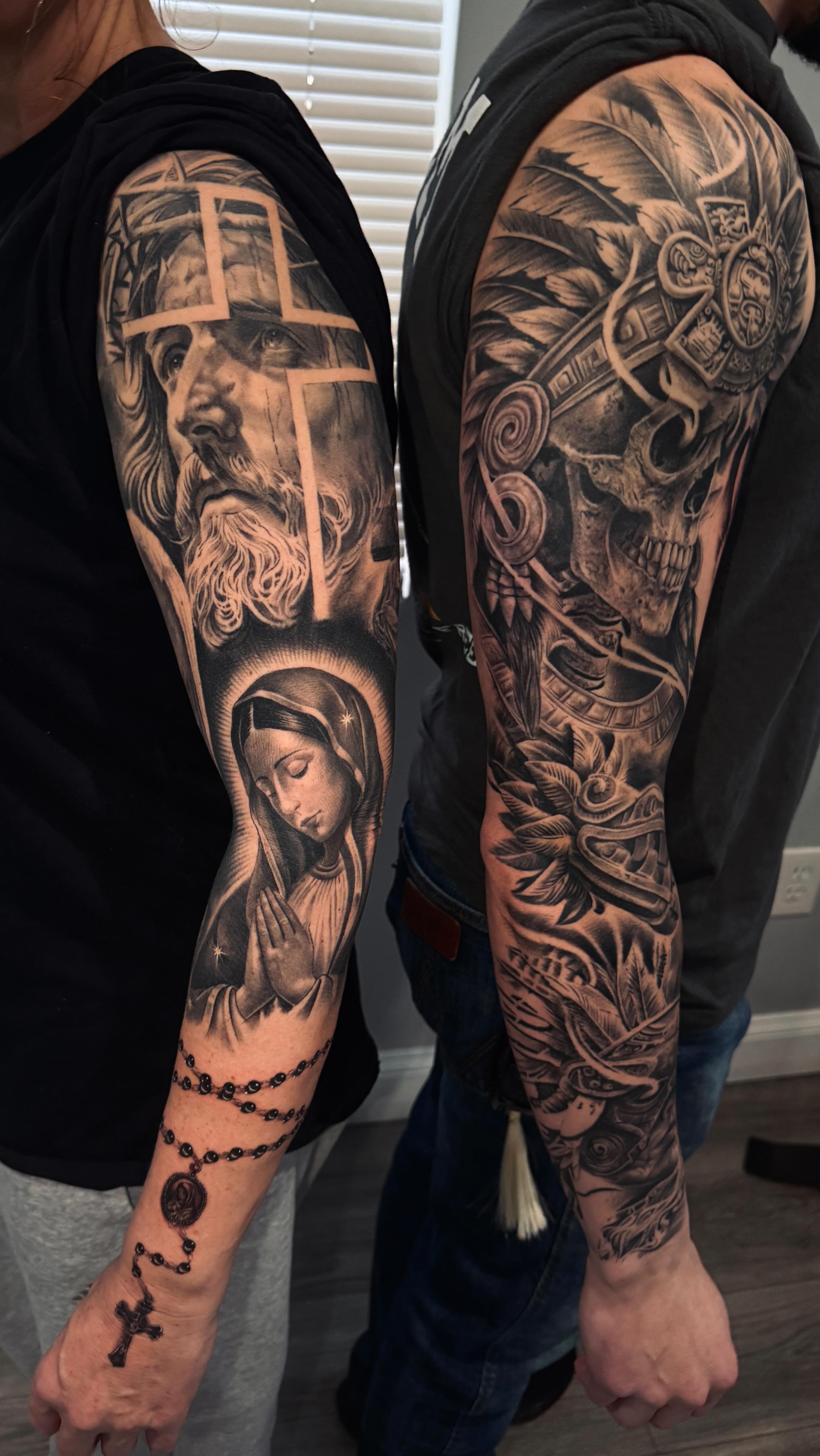 Religious and Cultura tattoo sleeve Ive been working on. HEALED AND FRESH still in progress ….
#dmvtattooartist #virginiatattoos #virginiatattooartist #dmvtattoos #mexicantattoos