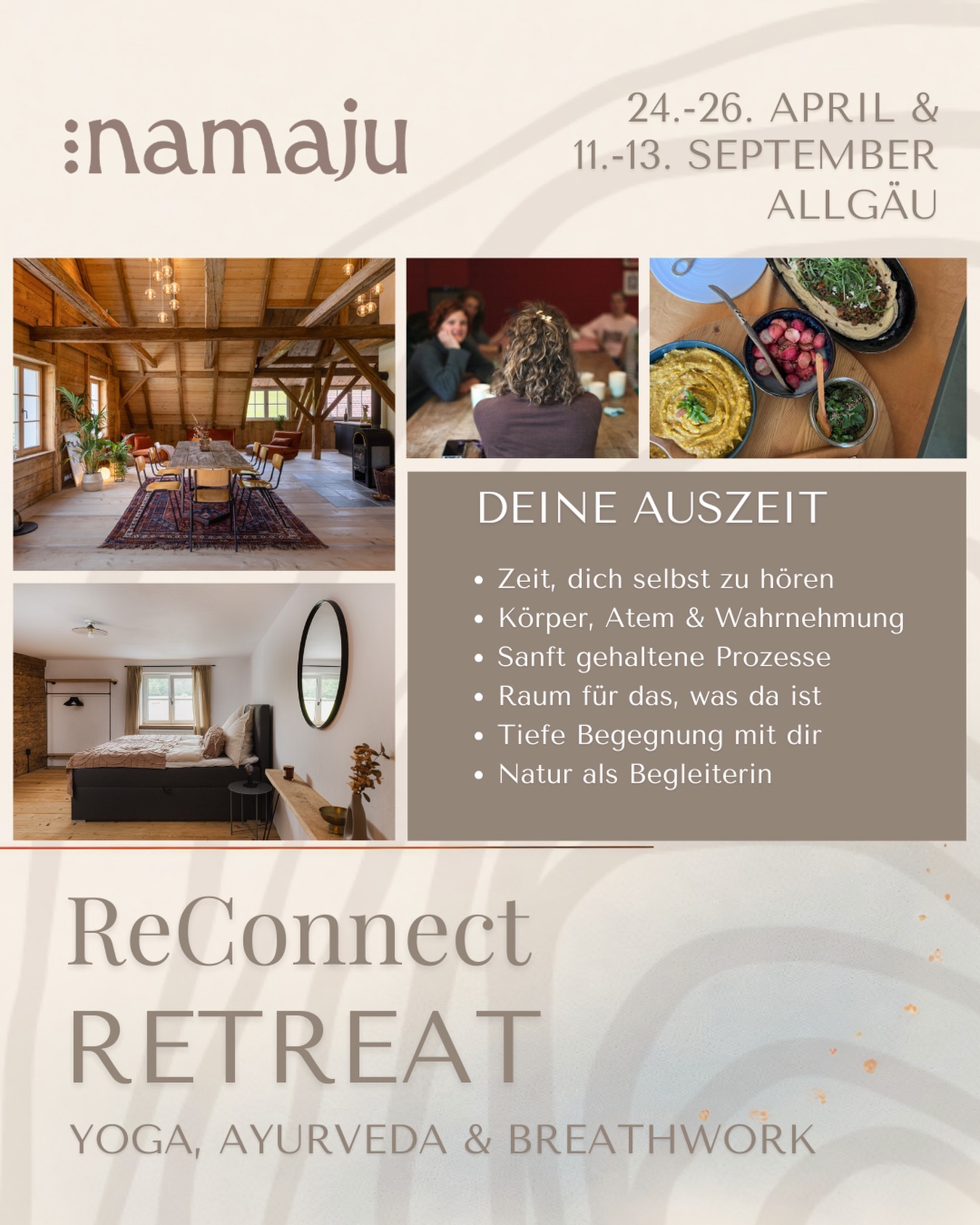 Ein Raum, um dir selbst wieder näher zu kommen.
Dieses Retreat ist eine Einladung, langsamer zu werden und dich bewusst zu erleben. Nicht als Auszeit vom Leben, sondern als Rückverbindung zu dem, was dich wirklich nährt.
Yoga, Breathwork und die Prinzipien des Ayurveda begleiten dich durch diese Tage – eingebettet in Embodiment-Arbeit, kreative Impulse, Rituale und viel Raum für Wahrnehmung. Alles ist darauf ausgerichtet, dass du dich wieder spürst, Klarheit findest und sanft bei dir ankommst.
Es geht nicht darum, etwas zu erreichen.
Sondern darum, Beziehung aufzunehmen – zu dir, deinem Körper, deinem inneren Erleben und dem, was dir wichtig ist.
Ich halte für dich einen sicheren, achtsam gestalteten Rahmen, in dem deine ganz persönliche innere Reise Raum bekommt – getragen von der Stille der Natur und dem gemeinsamen Feld der Gruppe.
📍 Allgäu
📅 24.–26. April 2026
📅 11.–13. September 2026
Wenn du spürst, dass es Zeit ist, dir selbst wieder näher zu kommen, dann bist du herzlich willkommen.
Alle Infos & Buchung über den Link in der Bio oder per Nachricht.
#breathworkdeutschland #breathworkretreat #ayurvedaretreat #yogaretreatallgäu #yogaretreat