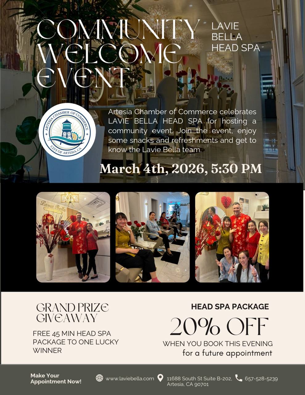 When we opened our doors in Artesia, we hoped to find a community that would welcome us in. What we found was even better. 🤍
A huge thank you to @artesiachamber_ca — the Artesia Chamber of Commerce — for embracing Lavie Bella from day one, helping us connect with the local business community, and making this city feel like home. We're proud to be a part of something here that's bigger than just a spa.
To celebrate, we're hosting a Community Welcome Evening together on Wednesday, March 4th at 5:30 PM — and we'd love for you to join us.
🏆 Grand Prize Giveaway — one lucky winner walks away with a FREE 45-min Head Spa Treatment
💆♀️ 20% OFF any Head Spa package when booked that evening
🥂 Snacks & refreshments on us
🚿 Live service demo + full facility tour
👋 Meet our team and get to know the Lavie Bella story
No RSVP needed — just show up. Come as you are. 💫
📍 11688 South St, Suite B-202, Artesia, CA 90701
(2nd floor, above YGF Malatang Restaurant 🍽️)
🗓 Wednesday, March 4 | 5:30 PM
#HeadSpa #Artesia #SelfCare