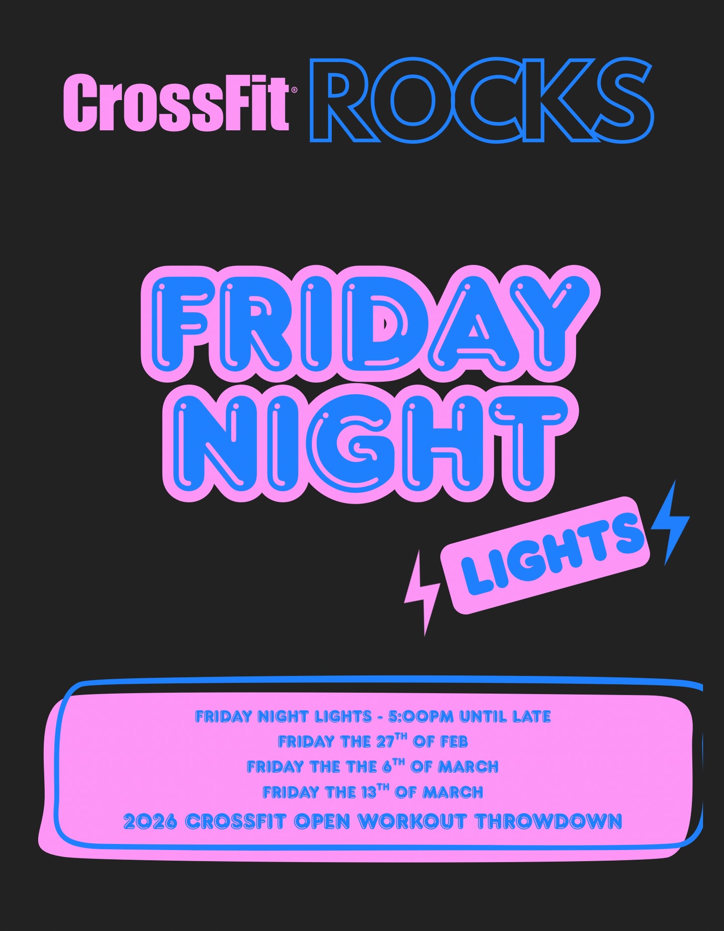 The best part of the Open?
Itās not the workouts. Itās the people.
Join us at CrossFit Rocks for Friday Night Lights:
š
Friday 27th February
š
Friday 6th March
š
Friday 13th March
5:00pm until lateā”ļø
Three epic nights where our entire community comes together to test our fitness, push our limits, and cheer louder than ever.
It doesnāt matter if youāre RX, scaled, or just giving it a crack ā you belong on the floor.
This is what makes CrossFit Rocks special.
The Support. The Energy. The Community.
Letās make this our biggest Open yet. š„šŖ
#FridayNightLights #CrossFitRocks #CrossFitOpen #CommunityStrong #crossfitgames