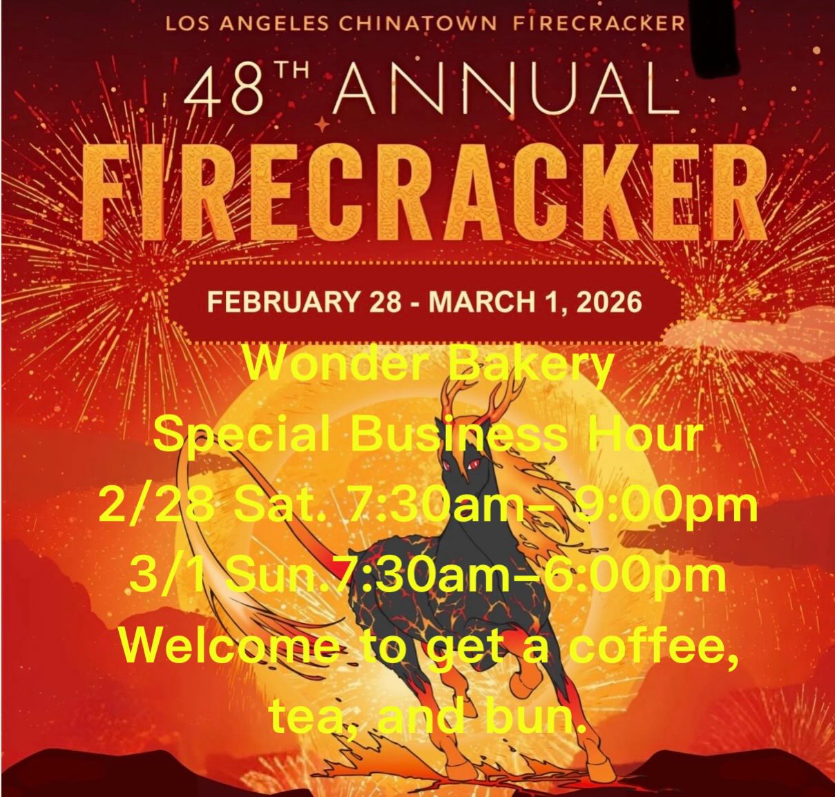 Wonder Bakery support Firecraker run. We open at 7:30am and get ready for Coffee and buns . Welcome all to get a breakfast before the game started. #firecracker #chinatownlosangeles #firecrakers
