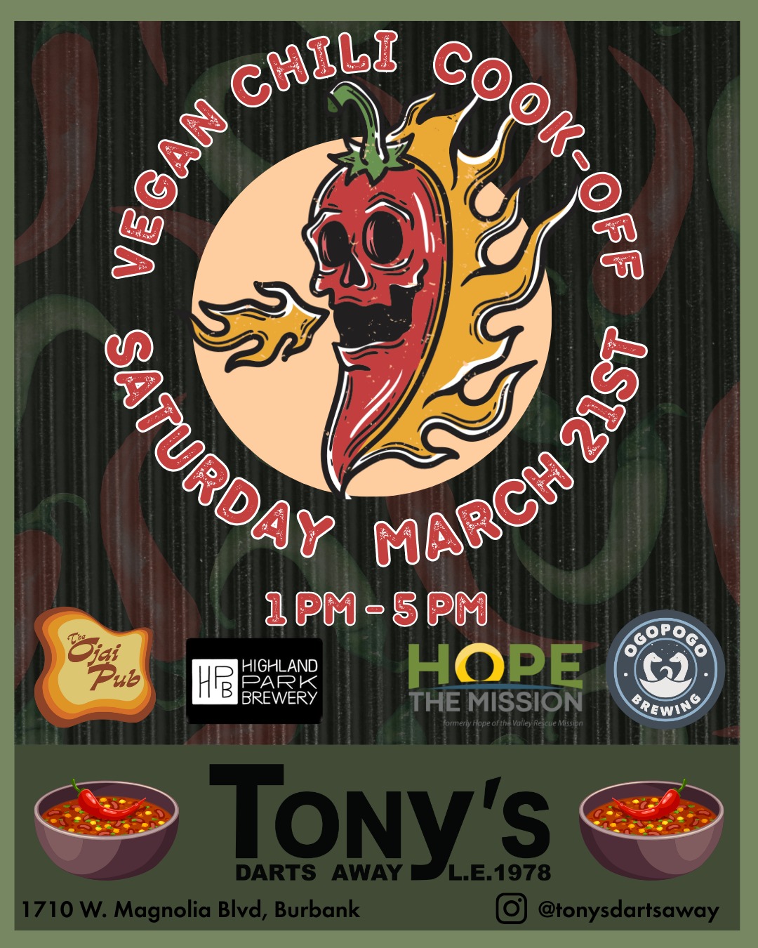 🌶️🔥 Tony’s Annual Vegan Chili Cook-Off is BACK! 🔥🌶️
Join us Saturday, March 21st from 1–5PM for one of our favorite traditions of the year — and this time we’re back inside the bar so nothing rains on our parade… err, chili cook-off.
Your ticket (available day-of) gets you a tasting flight of 5 incredible vegan chilis from our amazing friends:
@hopethemission
@highlandparkbrewery
@ogopogobrewing
@ojaipub
And of Course our @chefashmarie
All-ages, good times, community vibes, and, as always, the best California Craft beer has to offer.
Bring your appetite, bring your friends, and come help crown this year’s chili champion.
#VeganChiliCookOff #TonysDartsAway #VeganLA #BurbankEvents #CraftBeerCalifornia #PlantBasedLA #ChiliCookOff #DrinkLocal