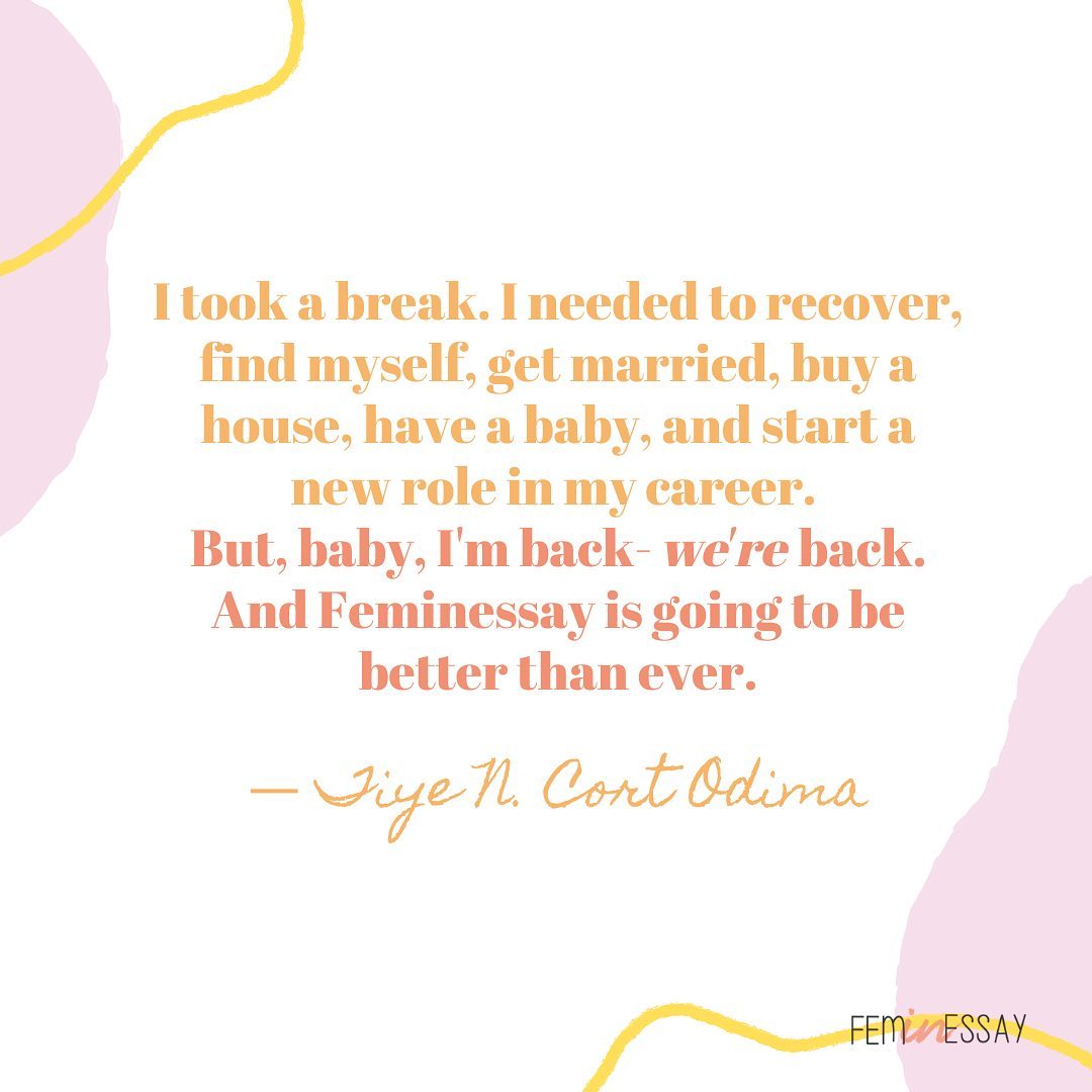 We’re ba-ack! Stay tuned to this space for updates including a new editor’s letter from Tiye (@tiyenaeemahcortodima) and fresh new stories, coming soon the Feminessay platform!
.
As always, submissions are open- share your writing today!
.
#feminism #feminist #women #feminessay #writer #shareblackstories #shareyourstory #writerscommunity #power #storytelling #blackwoman #blackwomanwriter #blackwomenwriting #writersofig #write #writersofinstagram #blackwomen #blackartists #blackexcellence #blackwriters #authorsofintagram #wellreadblackgirl