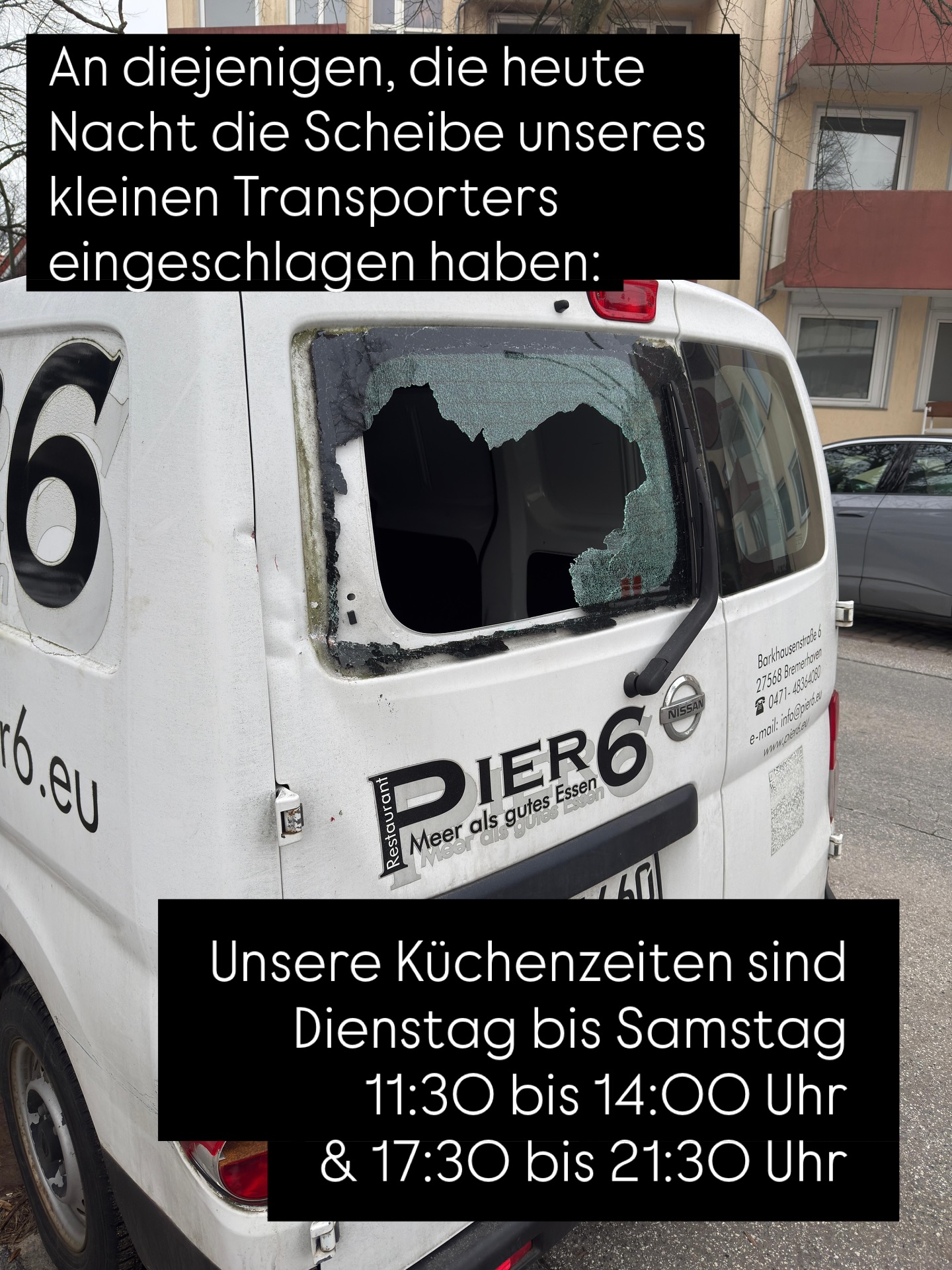 Essen so gut, dass man dafür Scheiben einschlägt.
Kommt doch lieber während der Öffnungszeiten!
#pier6 #restaurant #verbotengutesessen