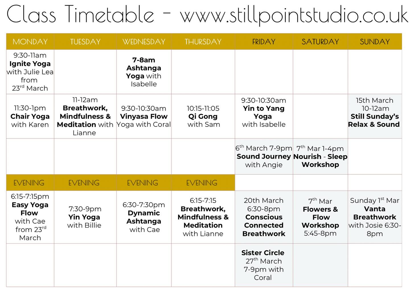 Current Timetable at Still Point 😍
We’ve got a lot of love to give, what will you treat yourself with?💕
Full class and event details at www.stillpointstudio.co.uk
#yogastudio #yogaclasses #breathwork #ilfracombehighstreet #ilfracombe