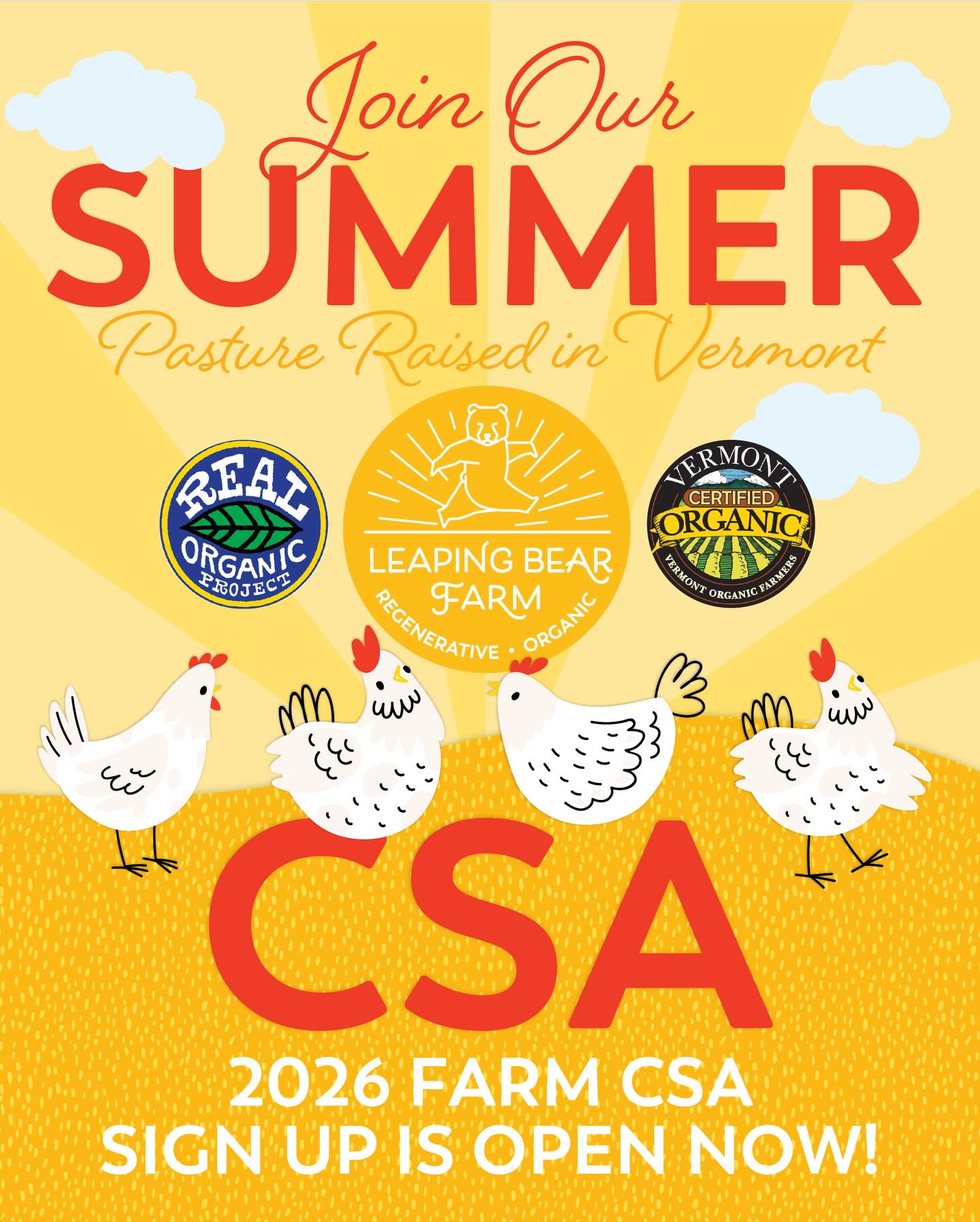 Calling all conscientious eaters 📣
Sign up is open for our first ever FRESH chicken CSA!
This season we would love to invite you to our new farm in Reading, VT to participate in our very own FRESH Chicken CSA! If you haven’t experienced farm fresh, organic chicken yet it truly is a tasty treat that you will thank yourself for. Sign up for a CSA share to get fresh chicken, (or any of our other chicken products, like bone broth or pet food topper), as well as eggs and/or microgreens, all season long. Starting June 9th, there will be 8 total CSA pick up dates, 3 weeks apart, all based around our chicken processing dates.
What is a CSA? CSA (also known as Community Supported Agriculture) connects the community directly with its local farmers. CSAs are a vital part in building a strong and resilient food system, with your purchase of a CSA share helping us fund the up front costs needed to grow this amazing food. Think of it as an investment into our success as we settle onto our new land, with the benefit of ensuring a regular supply of goodies from us:)
What we consume has an enormous impact on the world around us, and we think we’re lucky to have a chance to make a difference with every meal. How we eat is part of a larger system; the way food is grown shapes soil health, water quality, biodiversity, rural economies, and climate resilience. Every time you choose local food grown by small farms practicing regenerative, organic, agriculture, you’re making a statement about the kind of world you want to live in and participate in. We can’t do this without conscientious eaters.
We would love to build a community with you, supporting each other’s health and well being, while we work together towards a better future for food and our environment. Call, text or email us to chat about how our CSA works, we’ll answer any questions and help guide you through a choice that will work for you.