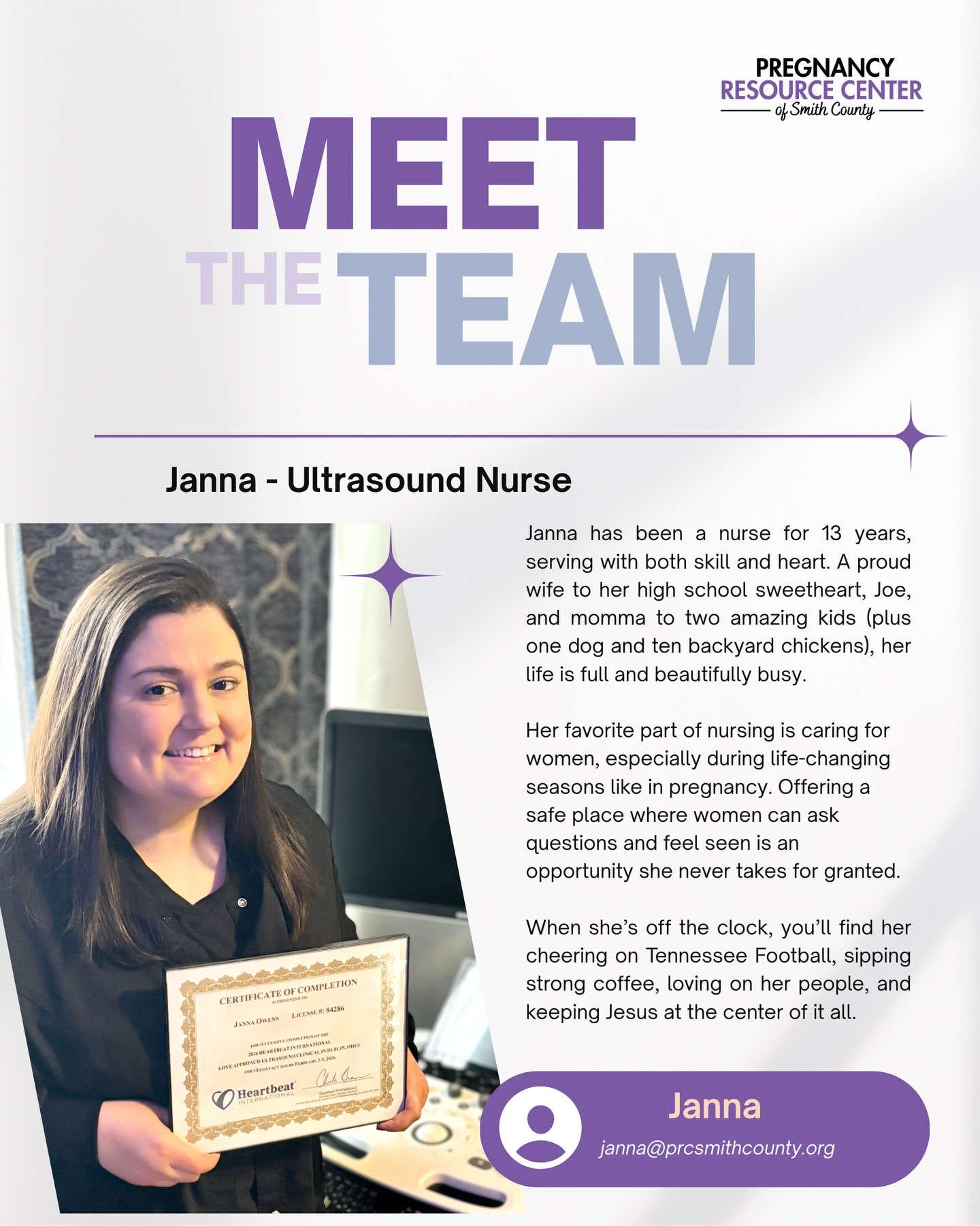 We are so excited to officially announce our wonderful new team member Janna! Janna is a registered nurse who preforms limited ultrasounds for the women who visit our center. If you have had the pleasure of meeting her you know what a great addition she is to our team. Welcome Janna!
Did you just find out you’re pregnant? An ultrasound is your next step to confirm your pregnancy and to see how far your pregnancy has progressed. At the PRC we offer these ultrasounds completely Free in a confidential setting. If you think you may be pregnant give us a call at 615-281-8054 or visit our website prcsmithcounty.org