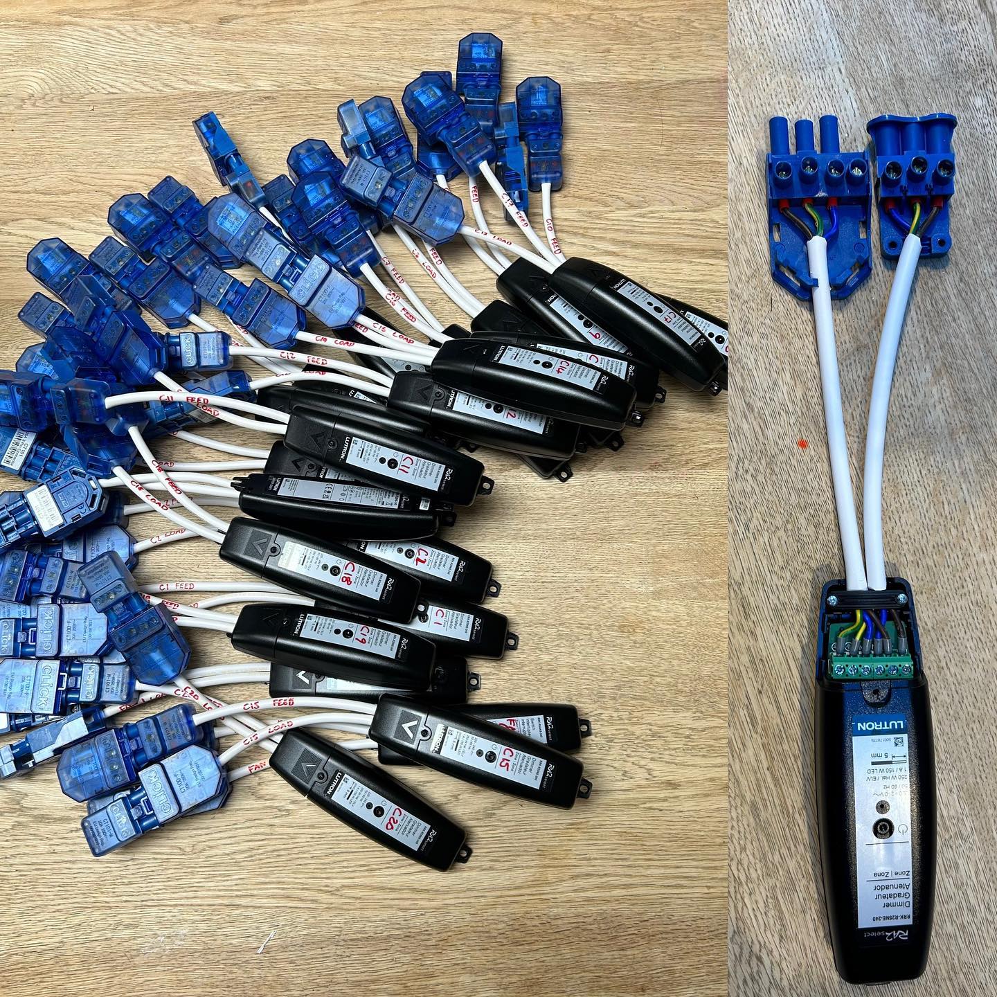 Lutron RA2 select dimmers ready for our Great Portland Street Job. To prevent any connection/ miswiring issue we pre wire all our modules using ferrule connectors and click plugs and sockets free of charge. #lutronra2select a2 #lutron #clickplugs #smartlighting #dimmers