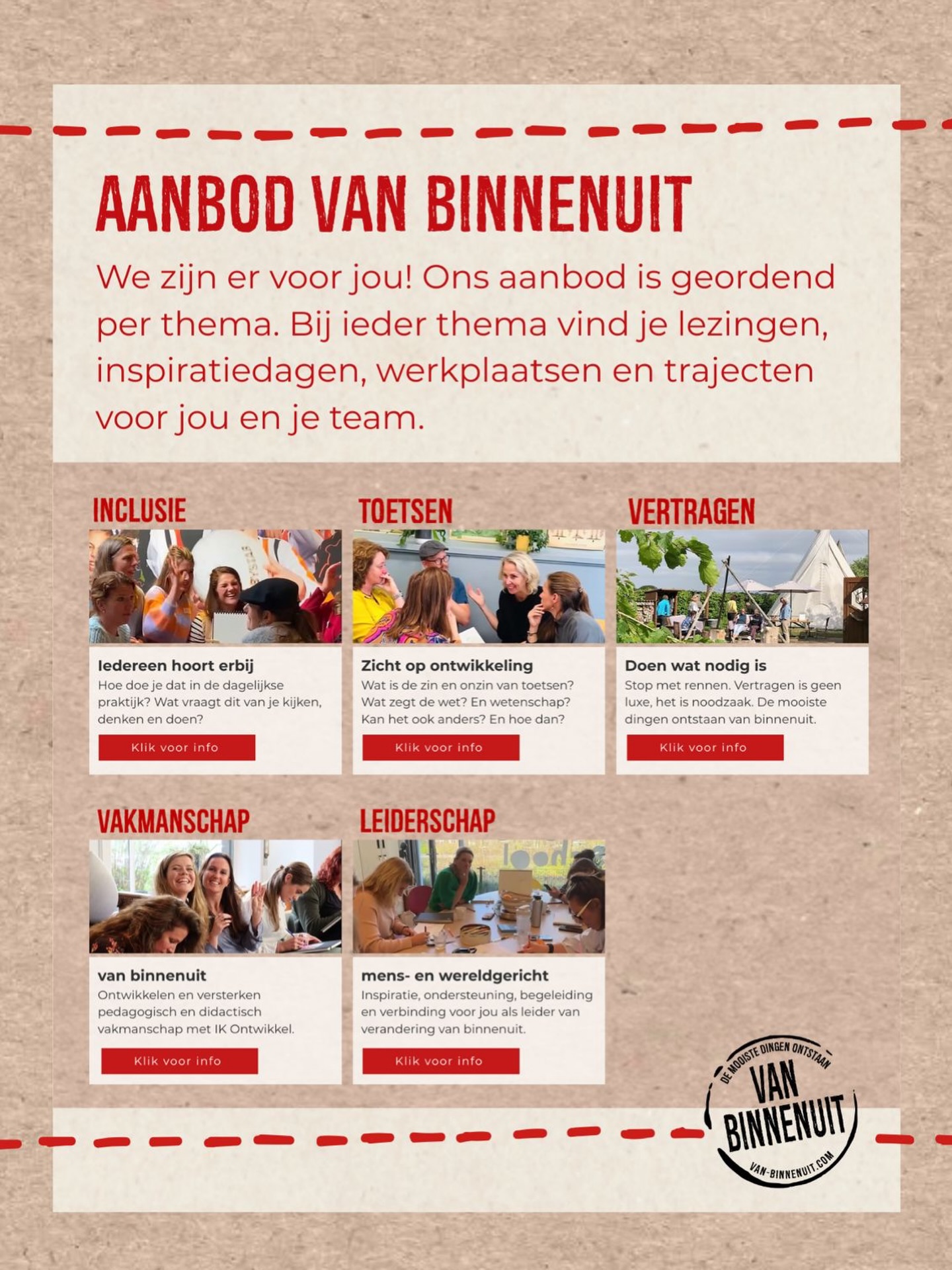 Leefleerschool VAN BINNENUIT inspireert, voedt en versterkt vakmanschap van binnenuit. We gaan uit van wat er is en helpen jou en je team om te dรณen wat nodig is.
Je kunt bij ons terecht voor lezingen, inspiratiedagen en trajecten. Van een eerste verkenning tot meerjarige, duurzame verandering. Altijd met het ABC van binnenuit als vaste aanpak en het Ontwikkelpad als houvast.
๐๐ฒ ๐บ๐ผ๐ผ๐ถ๐๐๐ฒ ๐ฑ๐ถ๐ป๐ด๐ฒ๐ป ๐ผ๐ป๐๐๐๐ฎ๐ฎ๐ป ๐๐ฎ๐ป ๐ฏ๐ถ๐ป๐ป๐ฒ๐ป๐๐ถ๐โฅ๏ธ
#opontwikkelpad #mensenwereldgericht #scholing #vakmanschapvanbinnenuit