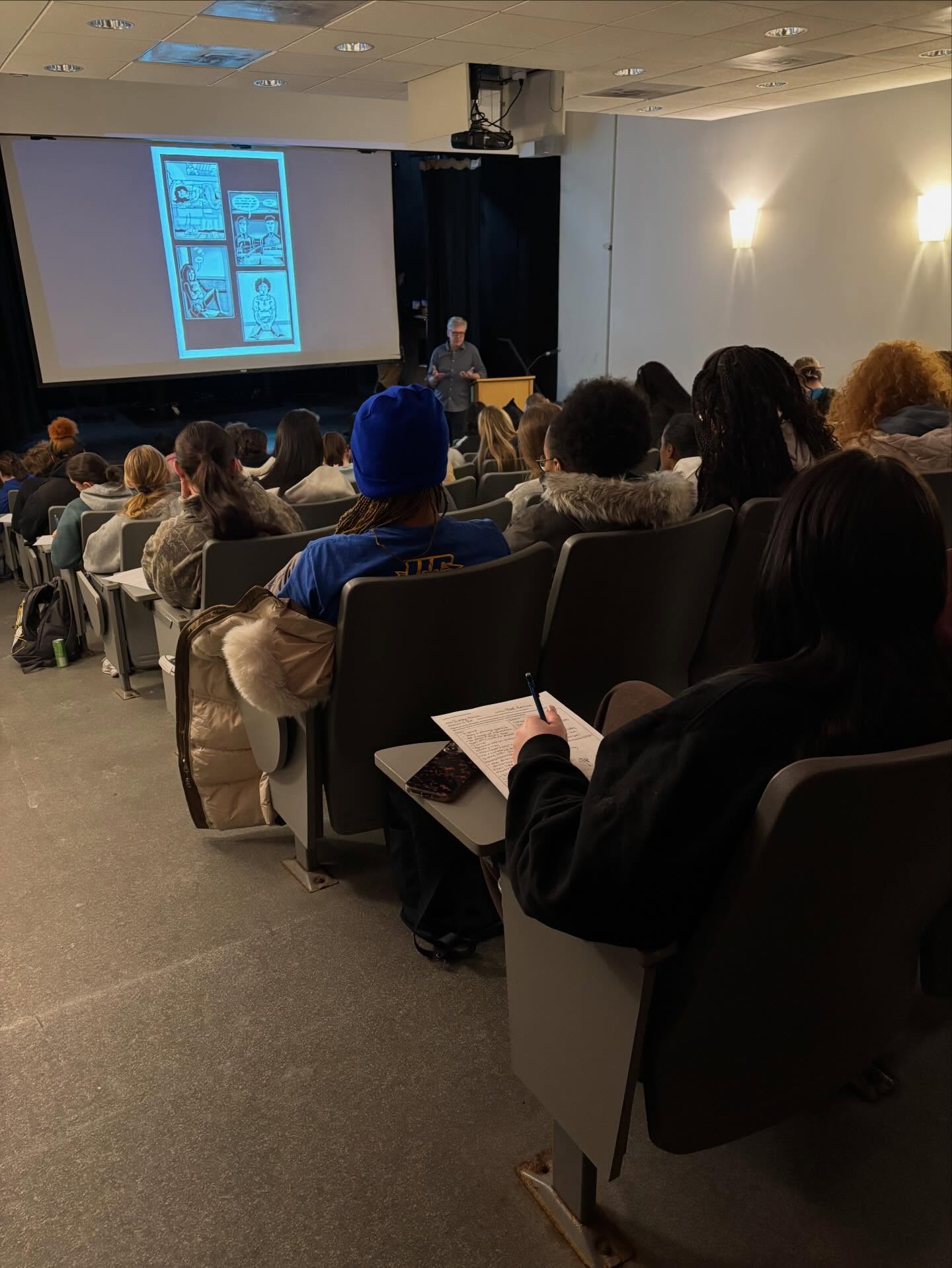 Yesterday at @ursulinecollege we had the great honor of having @derf_backderf speak to our freshman composition students. They read “Kent State: Four Dead in Ohio” as part of our “Rhetorics of the Rust Belt” series of classes. We try to show students there are so many ways to share your research! As one student noted to us, they love how Derf “is so into the details. He helped me understand how important that is.” Thanks, Derf! Until next year!