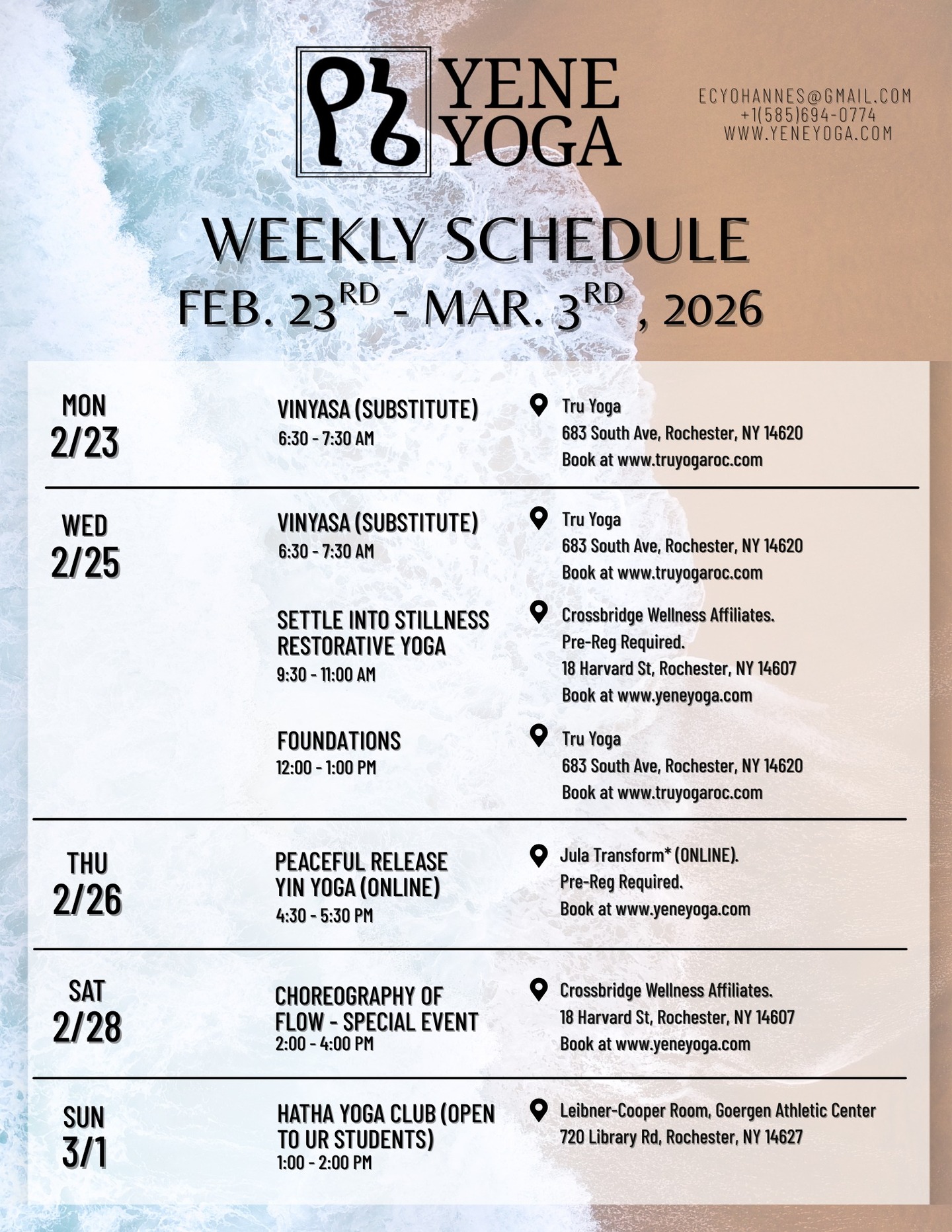 The new Yene Yoga newsletter, Vinyāsa - विन्यास — The Cadence of Intention is now live! Read on for important updates and information on upcoming offerings:
https://www.yeneyoga.com/so/dbPo5iMIR?languageTag=en
📌EVENTS:
SATURDAY, 2/28 2:00 - 4:00 PM: Join me and @dancingdav for The Choreography of Flow: A Hatha Yoga Performance & Workshop w/ Live Music. $20/$30/$40 sliding scale pricing includes performance and participation in the workshop. Pre-registration is encouraged.
*All Tru classes must be booked directly through Tru at www.truyogaroc.com
🍃Monday 02/23
🌱Vinyasa (SUBSTITUTE)*
6:30 - 7:30 AM EST
Tru Yoga
683 South Ave, Rochester, NY 14620
$10/$15/$20 Sliding Scale pricing
🍃Tuesday 02/24
NO CLASS - Private Sessions Available
🍃Wednesday 02/25
🌱Vinyasa (SUBSTITUTE)*
6:30 - 7:30 AM EST
Tru Yoga
683 South Ave, Rochester, NY 14620
$10/$15/$20 Sliding Scale pricing
🌱Settle into Stillness Restorative Yoga
9:30 - 11:00 AM EST
Crossbridge Wellness Affiliates
18 Harvard St, Rochester, NY 14607
$10/$15/$20 Sliding Scale pricing. PRE-REG REQUIRED.
🌱Foundations*
12:00 - 1:00 PM EST
Tru Yoga
683 South Ave, Rochester, NY 14620
$10/$15/$20 Sliding Scale pricing
🍃Thursday 02/26
🌱Peaceful Release Yin Yoga (ONLINE ONLY)
4:30 - 5:30 PM EST
Jula Transform
Held ONLINE
$10 flat-rate
Please book at least 30 min* before. PRE-REG REQUIRED.
🍃Friday 2/27
NO CLASS - Private Sessions Available
🍃Saturday 02/28
⭐SPECIAL EVENT: CHOREOGRAPHY OF FLOW
2:00 - 4:00 PM EST
Crossbridge Wellness Affiliates
18 Harvard St, Rochester, NY 14607
$20/$30/$40 Sliding Scale pricing.
🍃Sunday 03/01
🌱Hatha Yoga Club (Available for UR Undergraduate Students)*
1:00 - 2:00 PM EST
University of Rochester
Leibner-Cooper Room, Goergen Athletic Center
720 Library Rd, Rochester, NY 14611
Free for UR Students. Sign up at https://ccc.rochester.edu/hathayoga/home/.
#rochesteryoga #events #beginner #vinyasa #yin #restorative #peace #rest #thingstodo