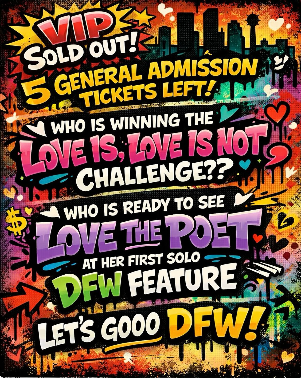 See link in bio to grab the last few tickets before they’re gone! Doors open at 7p
Cash prize on the line for the Love is, Love is not challenge!
Let’s go DFW 🔥🔥🔥